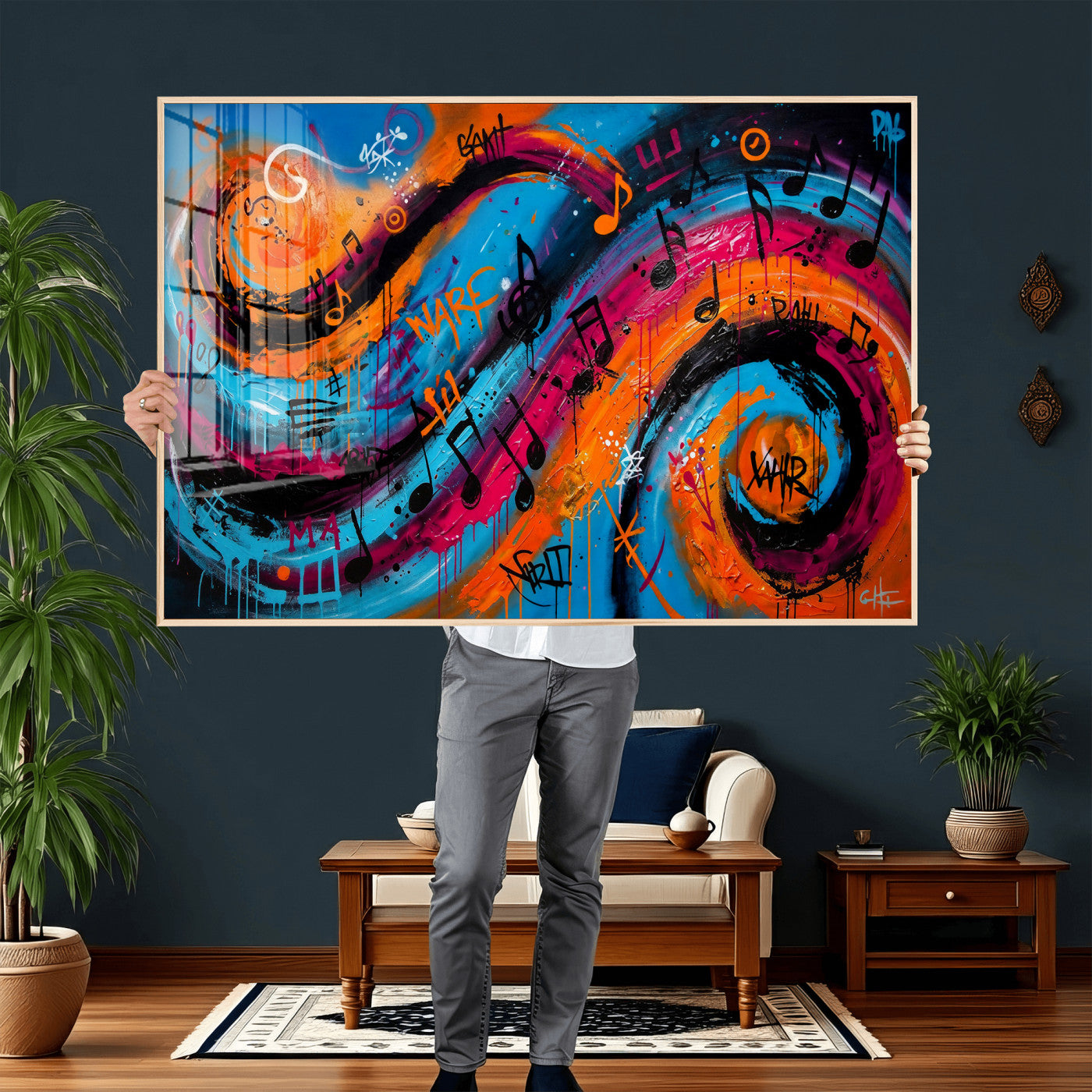 34936518-MGV-CV-36X24 - Geometric Abstract Wall Art Canvas Print, Orange Blue Abstract Expressionist Painting Print, Modern Geometric Abstract Canvas Art