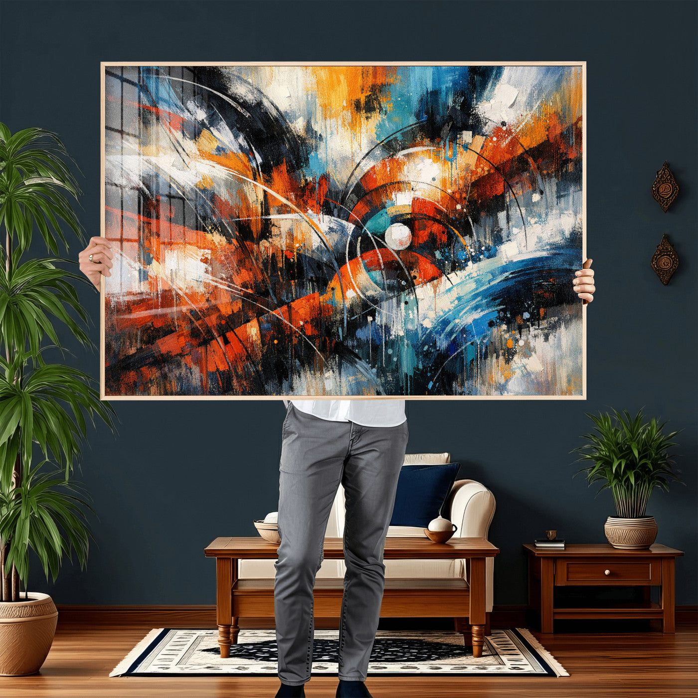 47120691-MGV-CV-36X24 - Geometric Abstract Wall Art Canvas Print, Orange Blue Abstract Expressionist Painting Print, Modern Geometric Abstract Canvas Art
