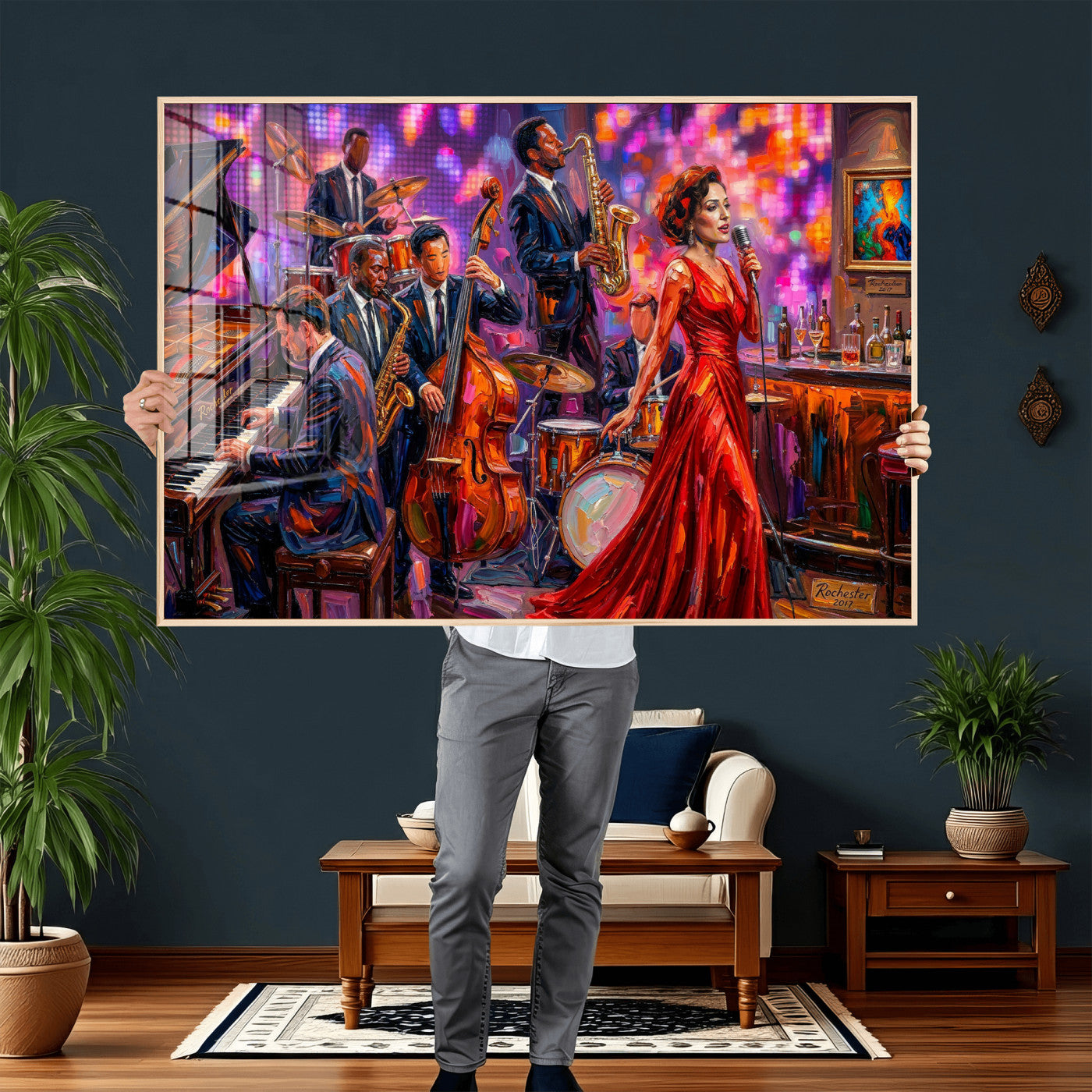 620930J20-MGV-CV-36X24 - Jazz Band Canvas Wall Art — Jazz Club Singer Saxophone Print | Music Wall Decor | Bar Restaurant Art | Music Lover Gift | Jazz Home Decor