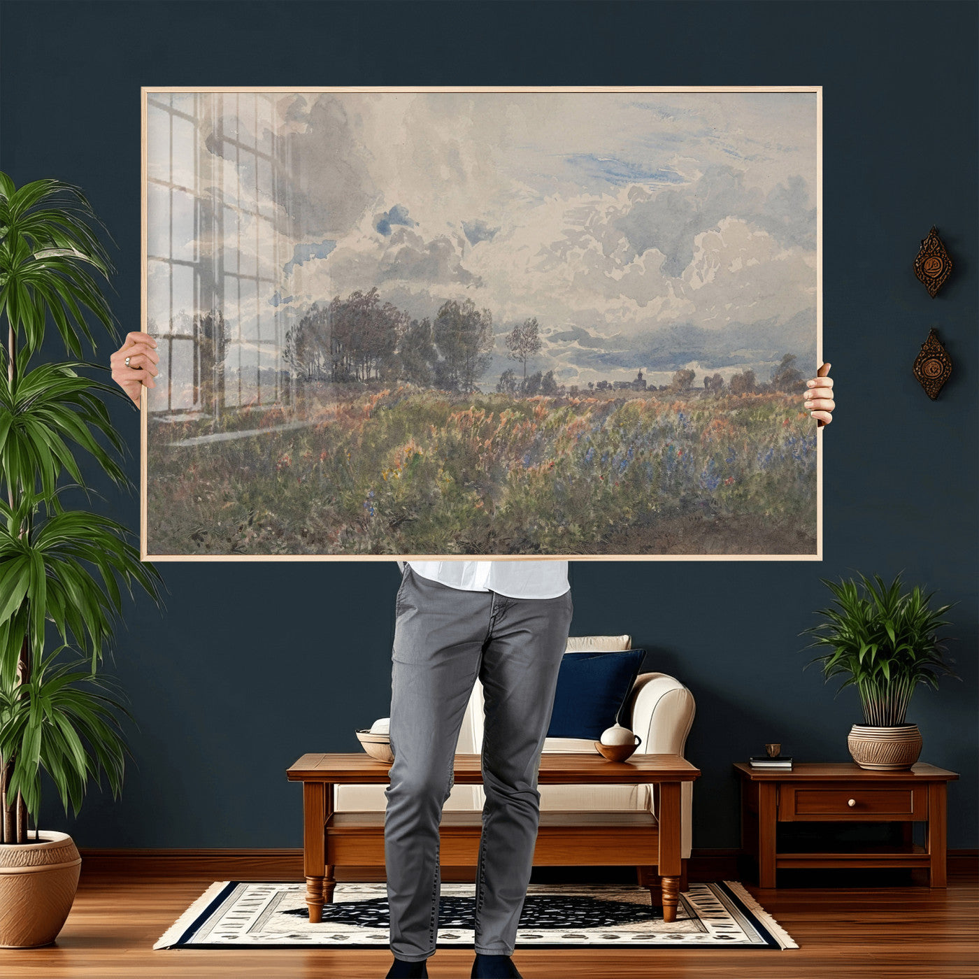 76626885-MGV-CV-36X24 - Vintage Watercolor Meadow Canvas Wall Art — English Pastoral Wildflower Storm Sky Print | Cottagecore Nature Decor | Classic Landscape Gift