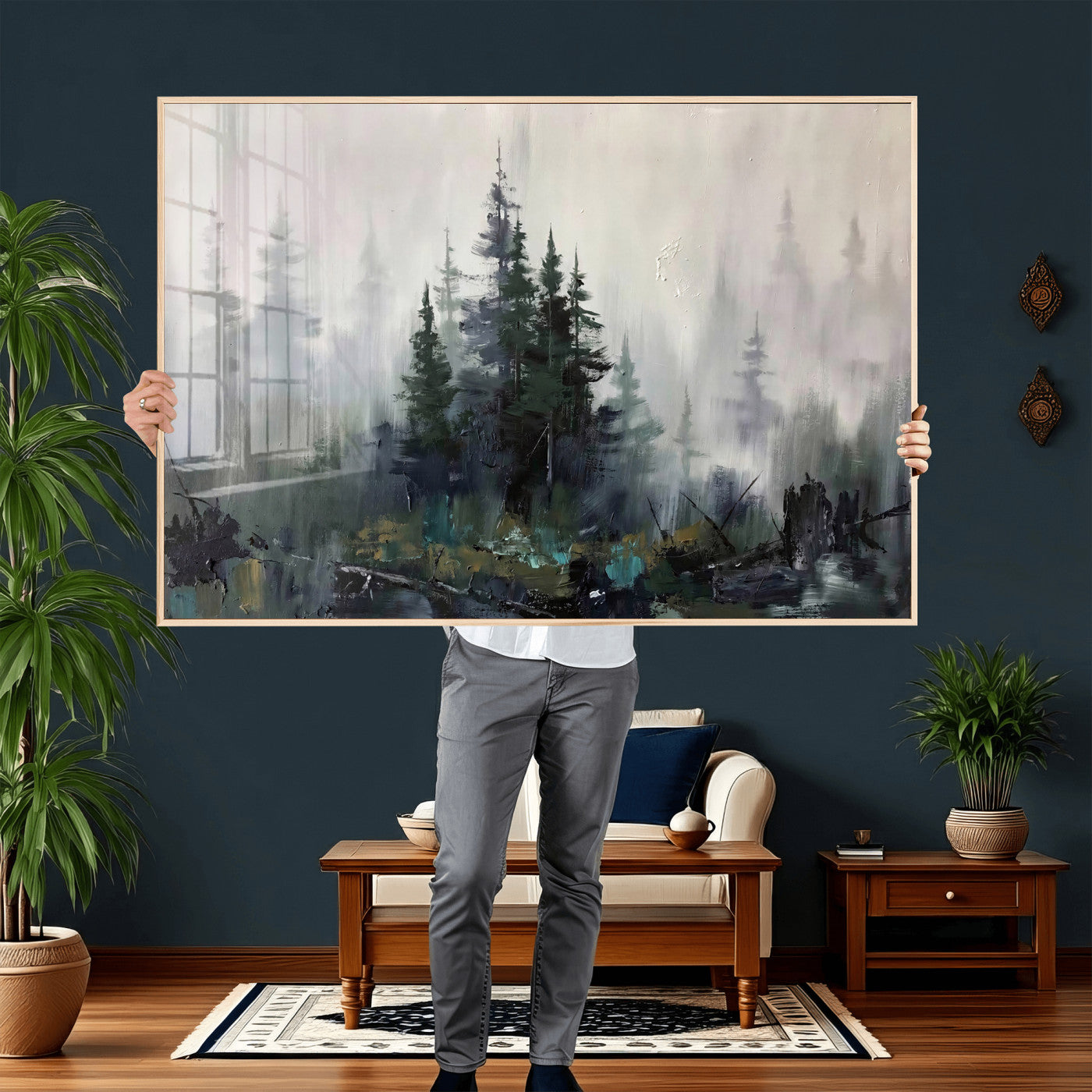 94143325-MGV-CV-36X24 - Misty Pine Forest Oil Painting Canvas — Dark Moody Teal Grey Tree Print | Japandi Scandinavian Wall Art | Minimalist Nature Decor Gift