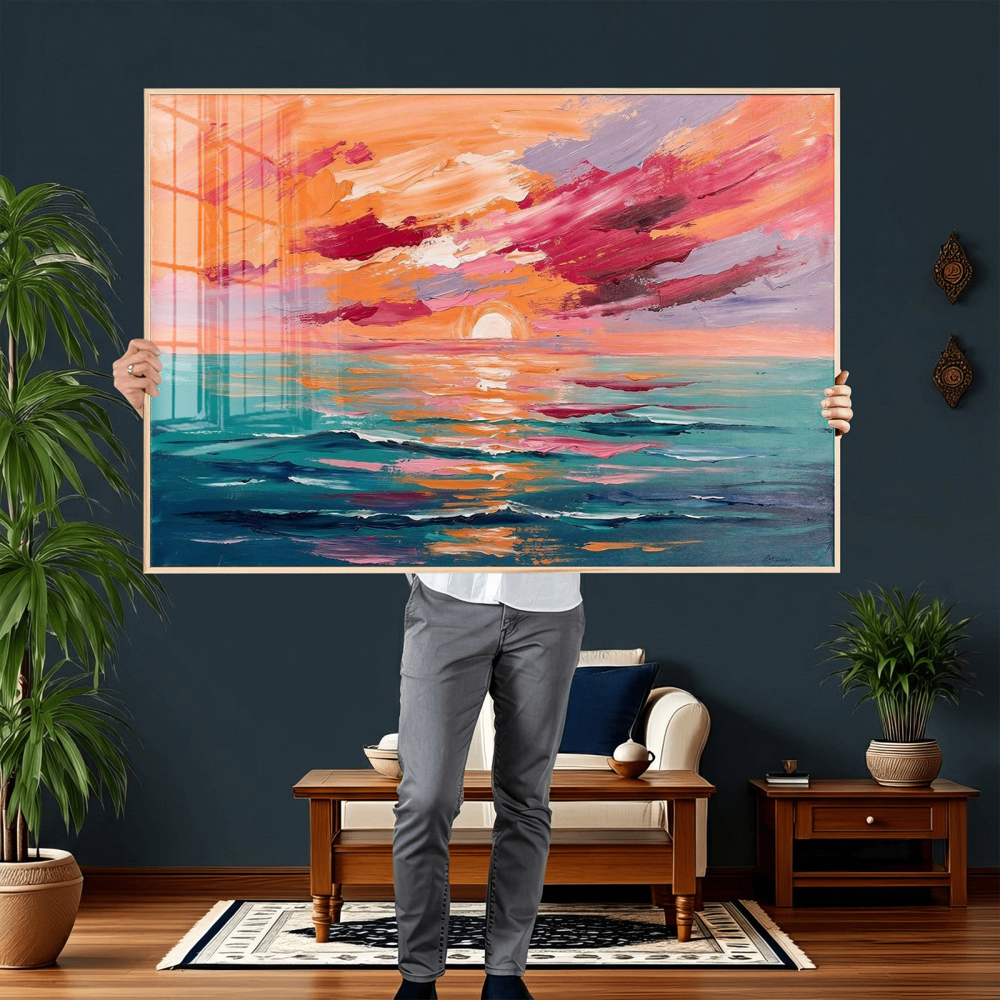 26763902-MGV-CV-36X24 - Bold Palette Knife Ocean Sunset Canvas — Orange Pink Teal Expressionist Sea Print | Colorful Coastal Wall Art | Vibrant Beach Decor Gift