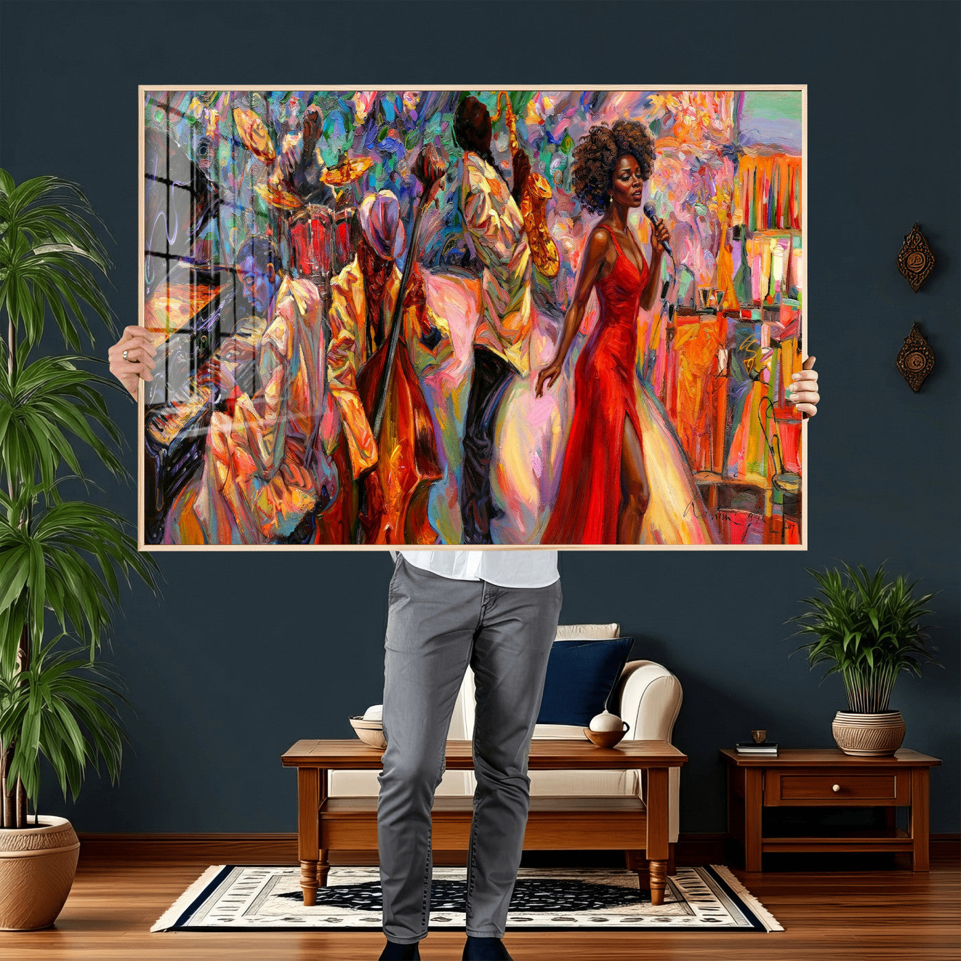 72615137-MGV-CV-36X24 - African American Jazz Singer Canvas Art - Red Dress Black Woman Music Print | Colorful Jazz Band Wall Decor | Living Room Gift for Her