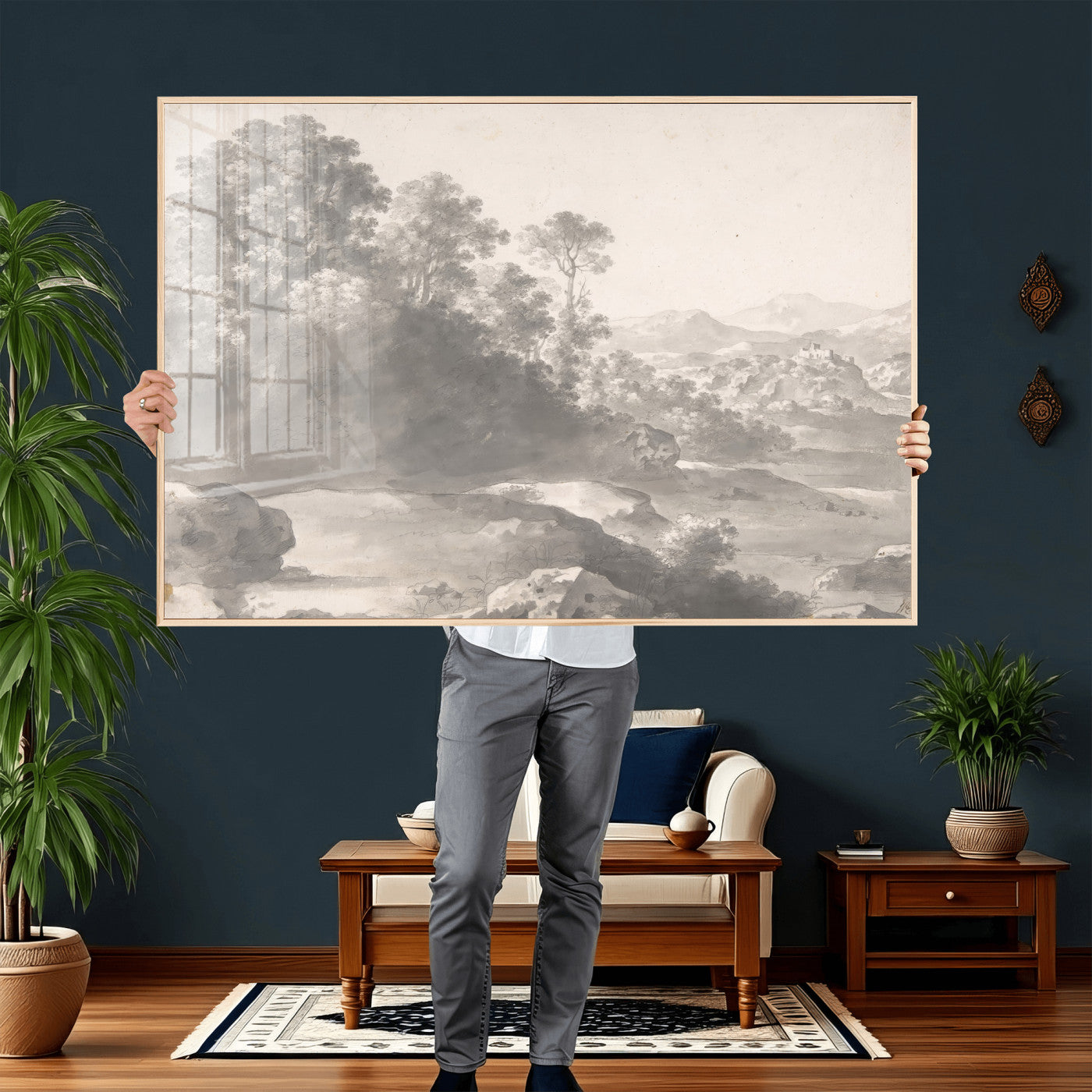 33041209-MGV-CV-36X24 - Van Poelenburch Landscape Canvas Wall Art — Dutch Golden Age Gray Wash Drawing Print | Baroque Italianate Nature Decor | Old Master Classic Gift