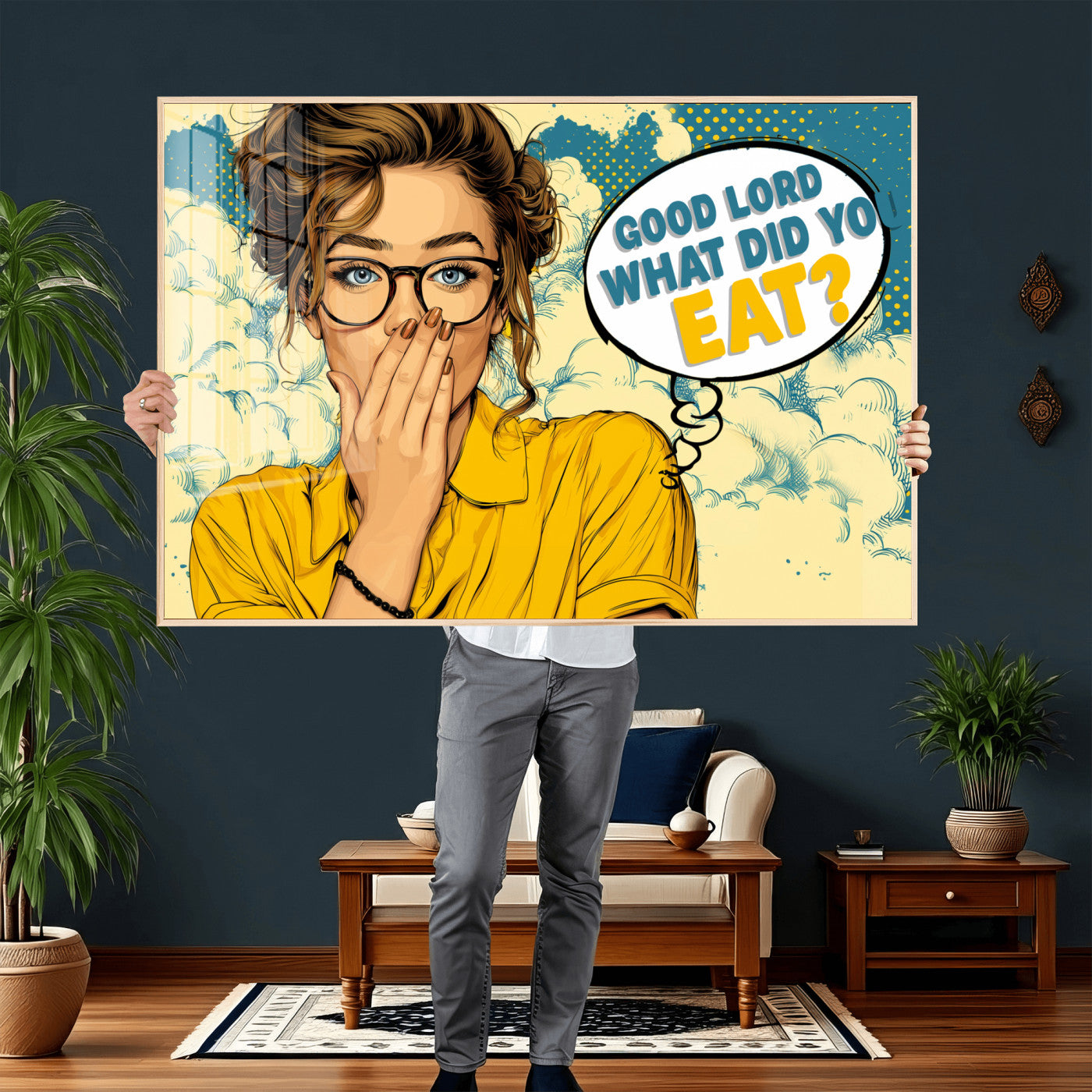 35819669-MGV-CV-36X24 - Pop Art Print Bathroom Sign Wall Art Canvas Print — Funny Bathroom Canvas | Comic Style Toilet Wall Decor | Humor Gift | Yellow Bold Bathroom Art