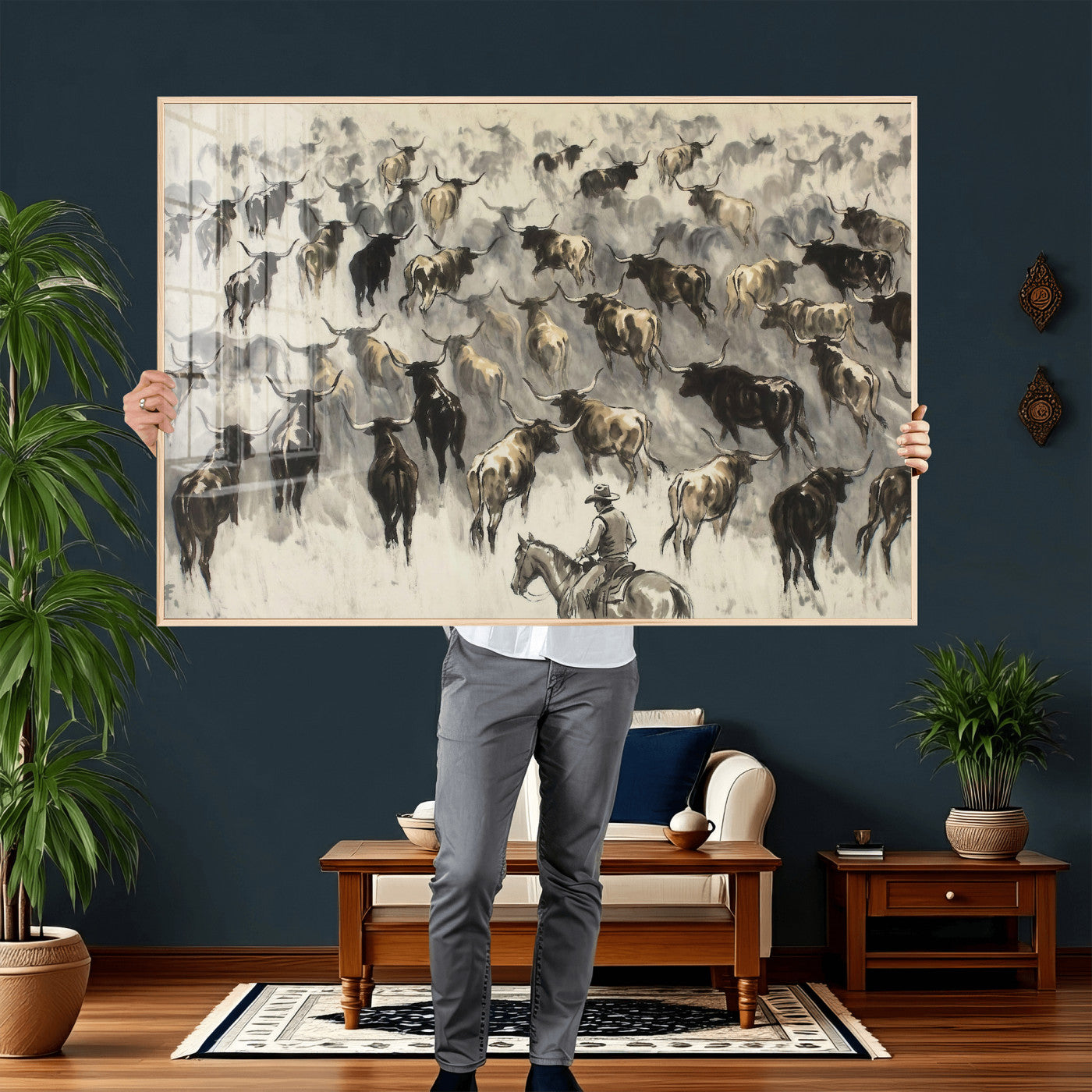 48049876-MGV-CV-36X24 - Cowboy Cattle Drive Canvas Wall Art, Western Longhorn Herd Ink Painting Print, Ranch Rodeo Decor, Black White Western Art, Large Living Room Art