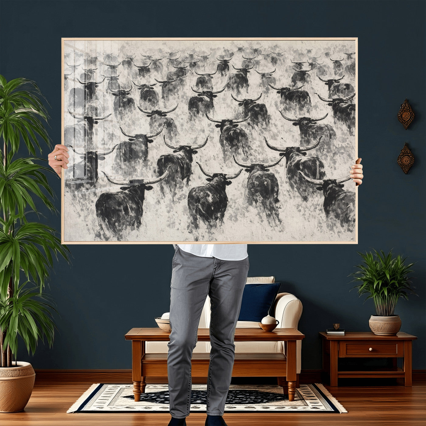 73328525-MGV-CV-36X24 - Texas Longhorn Drawing Canvas Wall Art, Western Cattle Stampede Painting Print, Warm Amber Ranch Decor, Rustic Cowboy Home Art, Large Living Room Decor