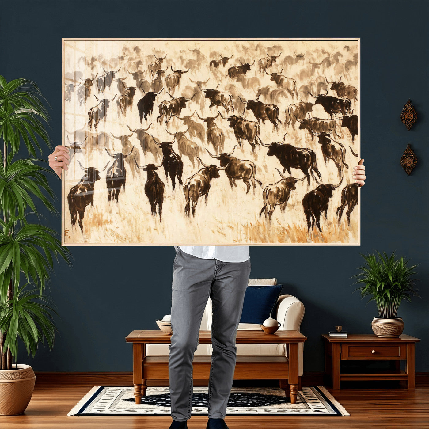 39077774-MGV-CV-36X24 - Texas Longhorn Sepia Canvas Wall Art, Western Cattle Stampede Painting Print, Warm Amber Ranch Decor, Rustic Cowboy Home Art, Large Living Room Decor
