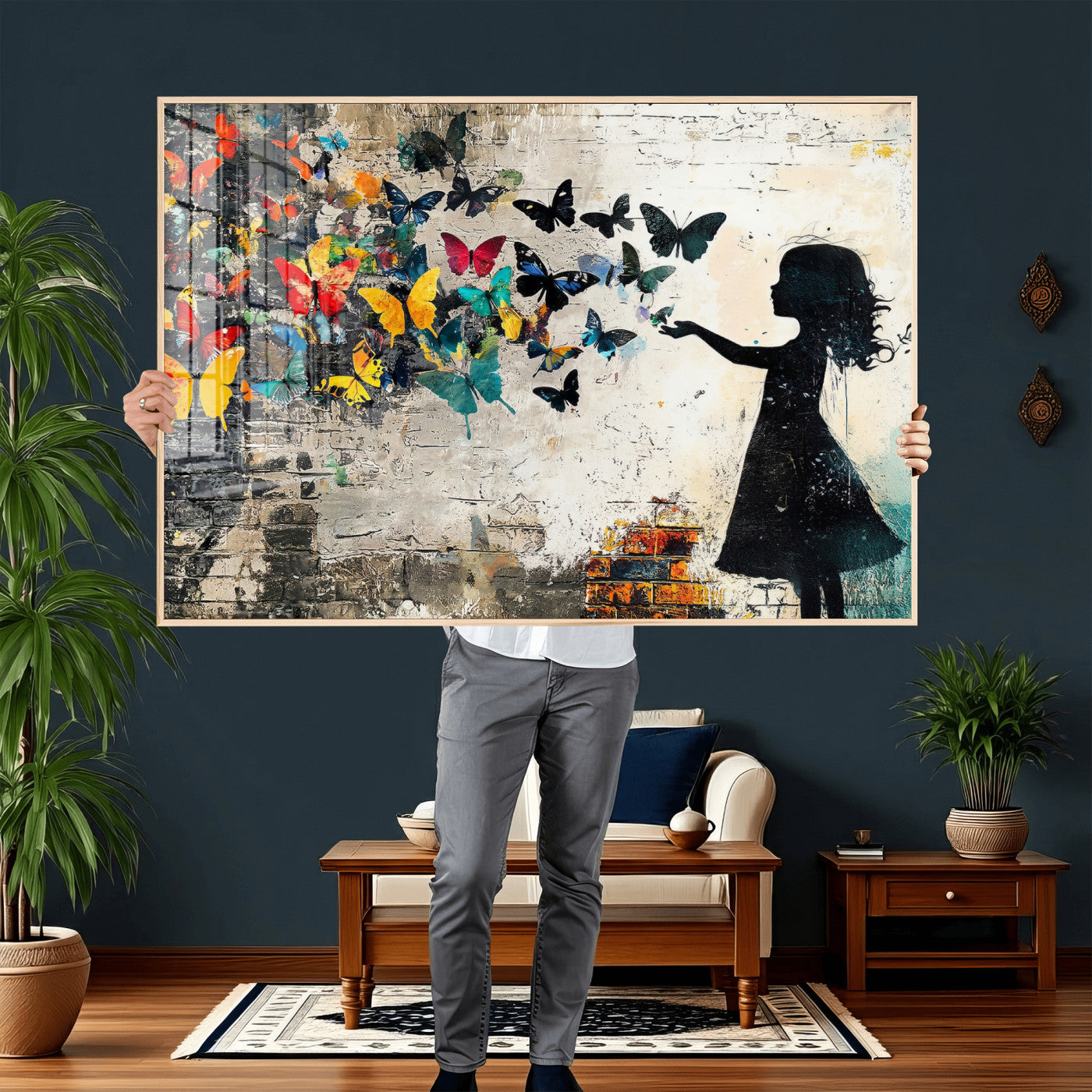 33909022-MGV-CV-36X24 - Banksy Butterfly Girl Wall Art Canvas Print, Framed Street Art Silhouette Graffiti Artwork, Colorful Butterfly Wall Decor for Living Room Bedroom Office