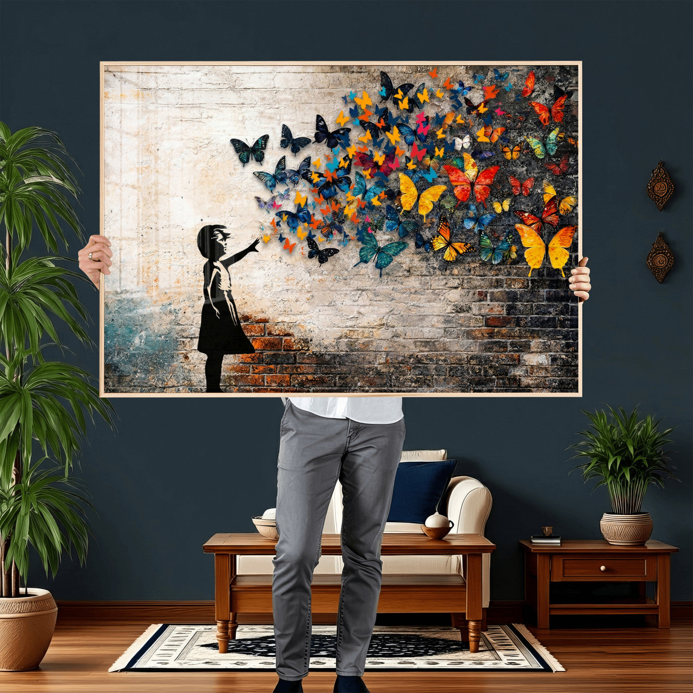78760384-MGV-CV-36X24 - Banksy Graffiti Butterfly Girl Wall Art Canvas Print, Framed Street Art Canvas Print, Silhouette Butterfly Wall Art for Living Room Bedroom Office
