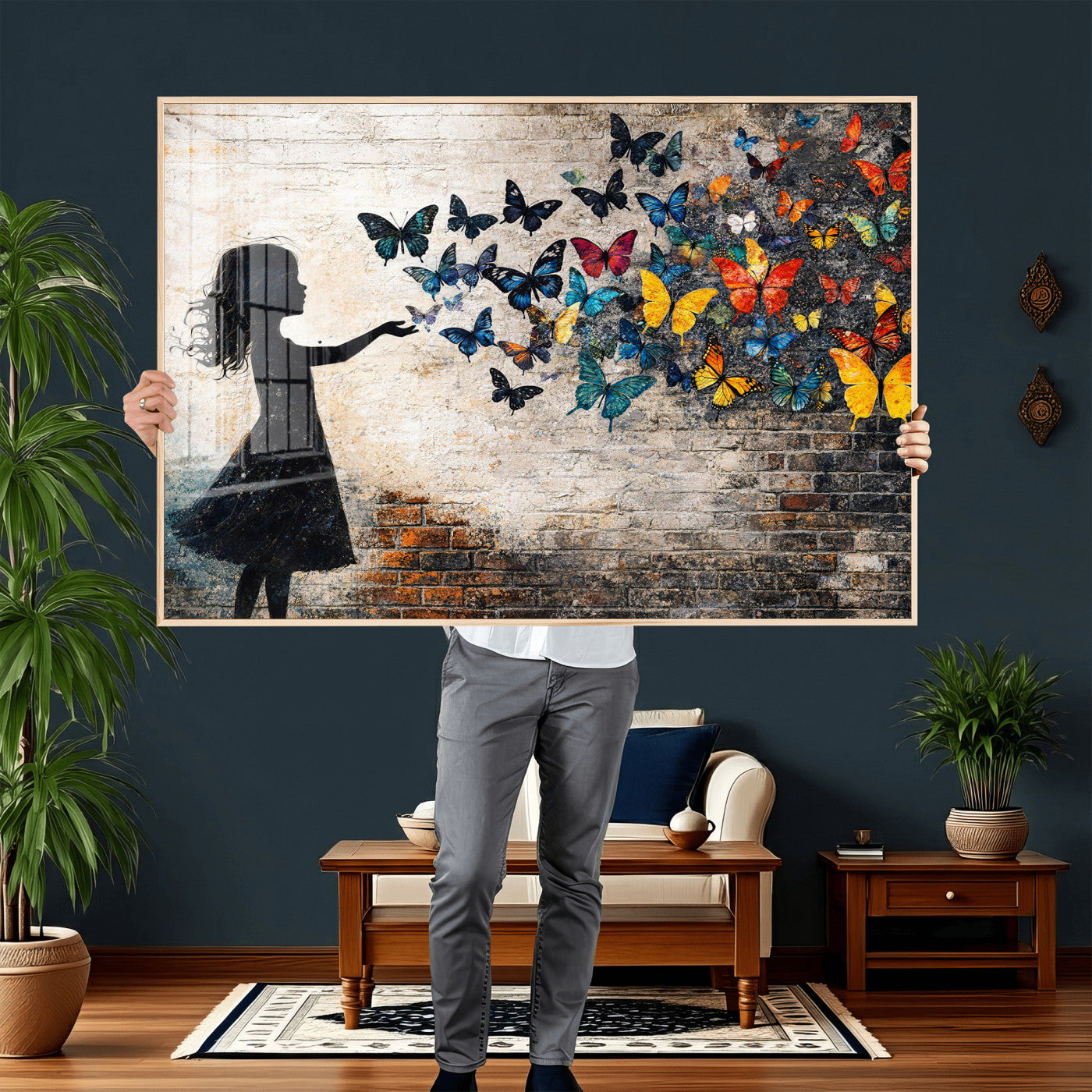 70522594-MGV-CV-36X24 - Banksy Butterfly Girl Wall Art Canvas Print, Framed Street Art Canvas Print, Graffiti Silhouette Butterfly Wall Art for Living Room Bedroom Office