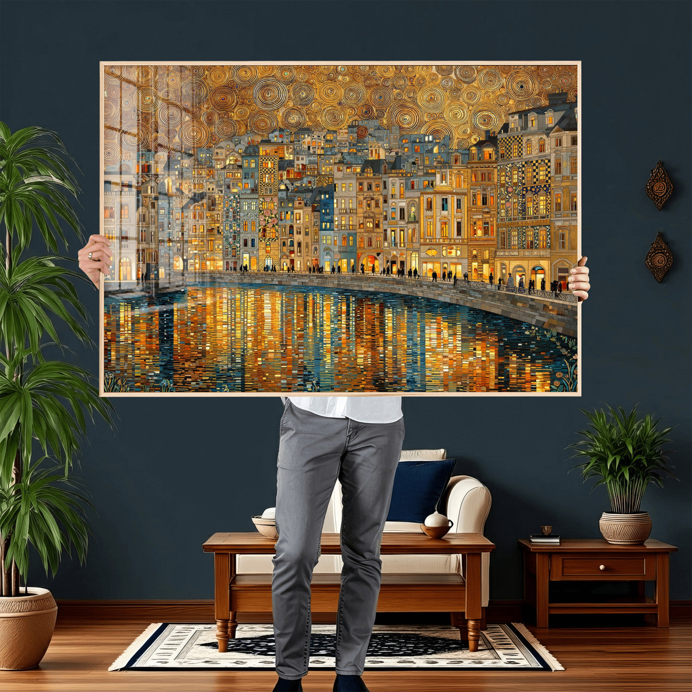 94022787-MGV-CV-36X24 - Gustav Klimt Golden Cityscape Wall Art Canvas Print, Framed River Town Landscape Artwork, Ornate Architecture Wall Decor for Living Room Bedroom Office