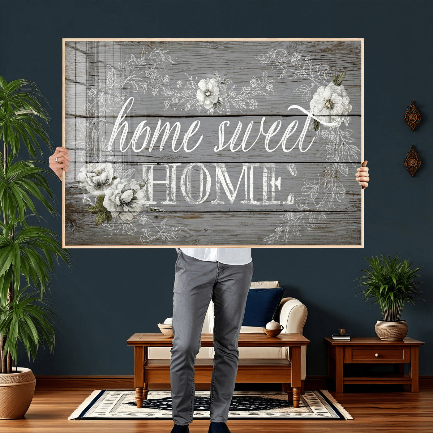 42160089-MGV-CV-36X24 - Home Sweet Home Sign Wall Art Canvas Print, Floral Farmhouse Sign, Rustic Neutral Entryway Bedroom Living Room Decor