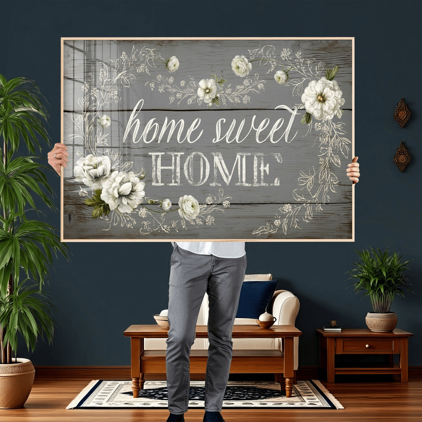 32056075-MGV-CV-36X24 - Home Sweet Home Wall Art Canvas Print, Floral Farmhouse Sign, Rustic Neutral Entryway Bedroom Living Room Decor