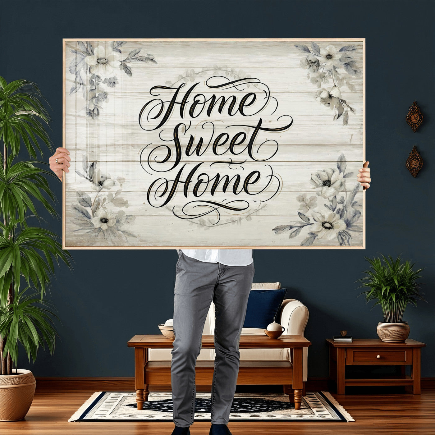 11120405-MGV-CV-36X24 - Home Sweet Home Wall Art Canvas Print, Floral Farmhouse Sign, Rustic Neutral Entryway Bedroom Living Room Decor