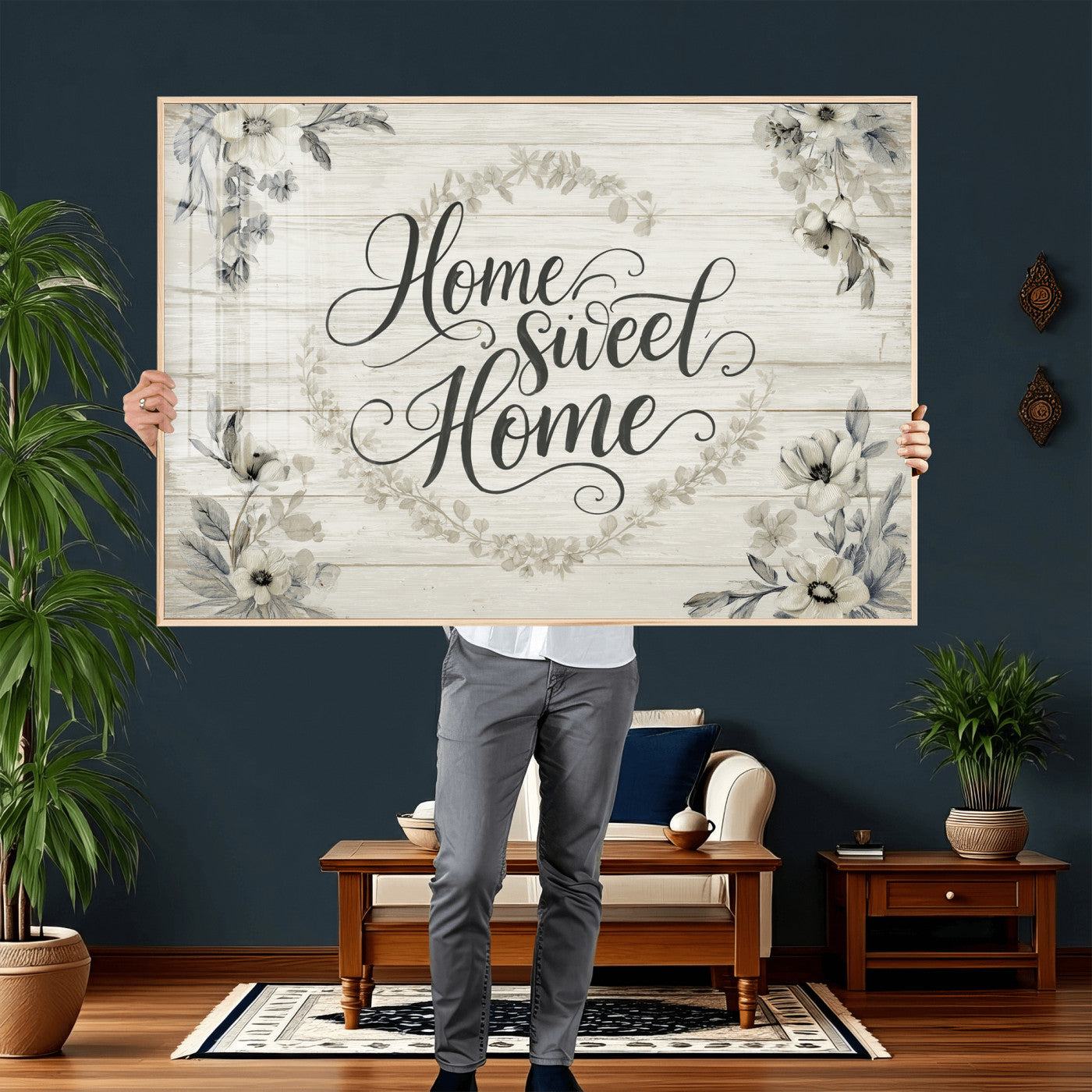 81157008-MGV-CV-36X24 - Home Sweet Home Wall Art Canvas Print, Floral Farmhouse Sign, Rustic Neutral Entryway Bedroom Living Room Decor