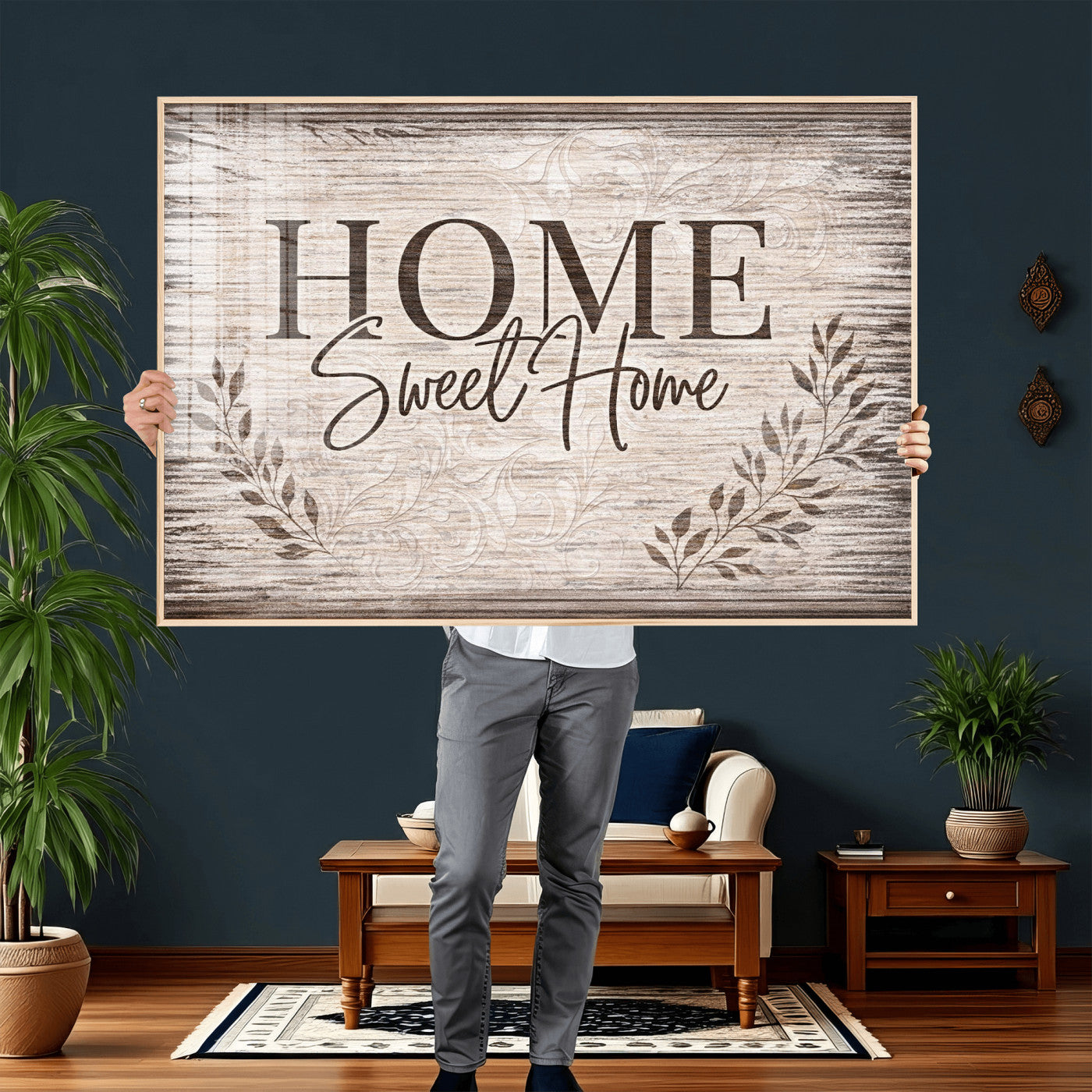 81157008S-MGV-CV-36X24 - Home Sweet Home Wall Art Canvas Print, Floral Farmhouse Sign, Rustic Neutral Entryway Bedroom Living Room Decor