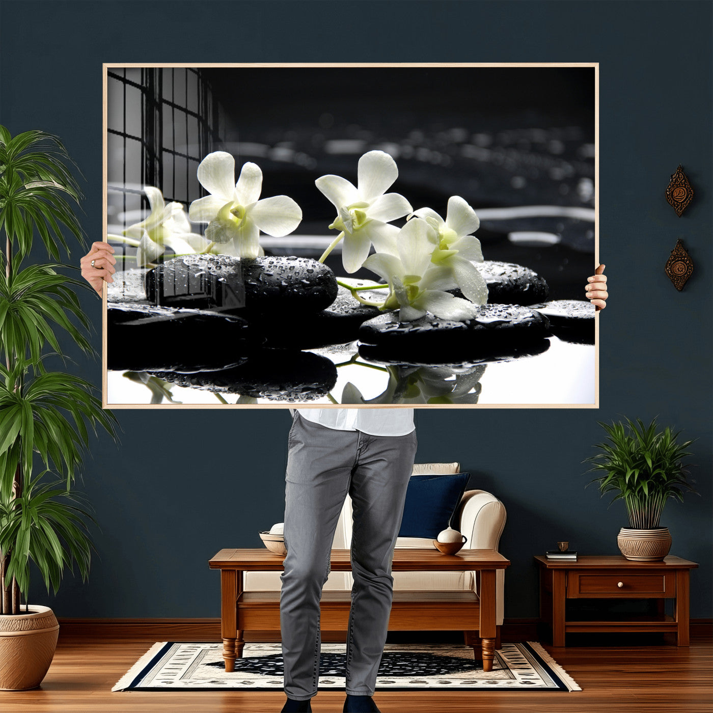 79486206-MGV-CV-36X24 - Plumeria Frangipani Black Stone Canvas | White Flower Spa Photography Print | Tropical Zen Wall Art | Grey Pebble Floral for Meditation Room Decor