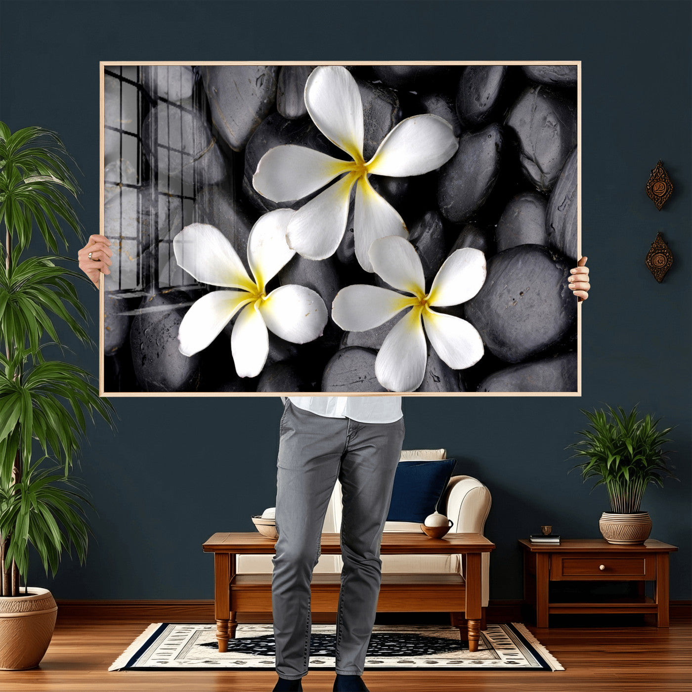 43639613-MGV-CV-36X24 - Plumeria Frangipani Black Stone Canvas | White Flower Spa Photography Print | Tropical Zen Wall Art | Grey Pebble Floral Decor