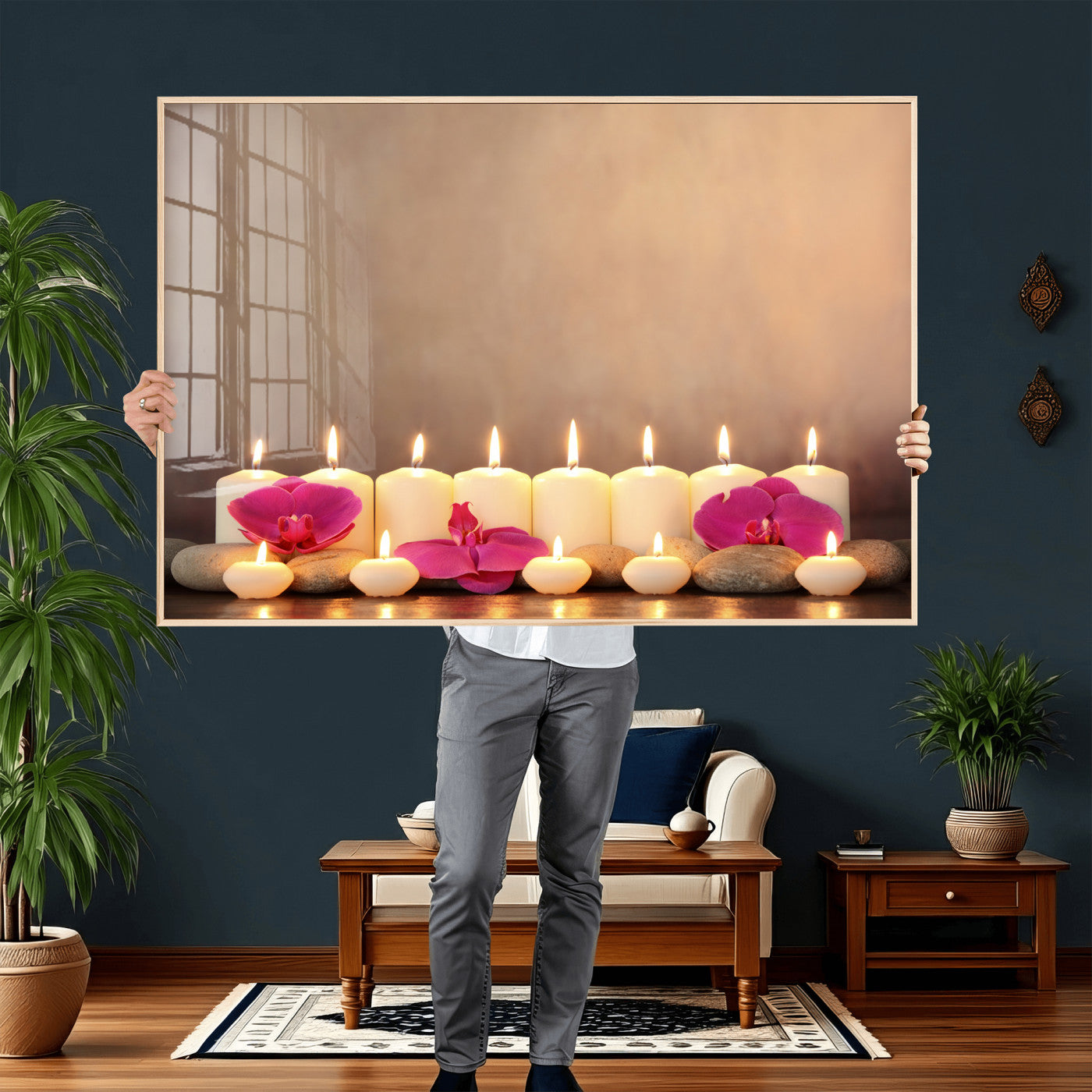 59470569-MGV-CV-36X24 - Spa Candles Orchid Canvas Print | Zen Wellness Relaxation Wall Art | Pink Flower Candlelight Bathroom Decor | Calm Beige Photography