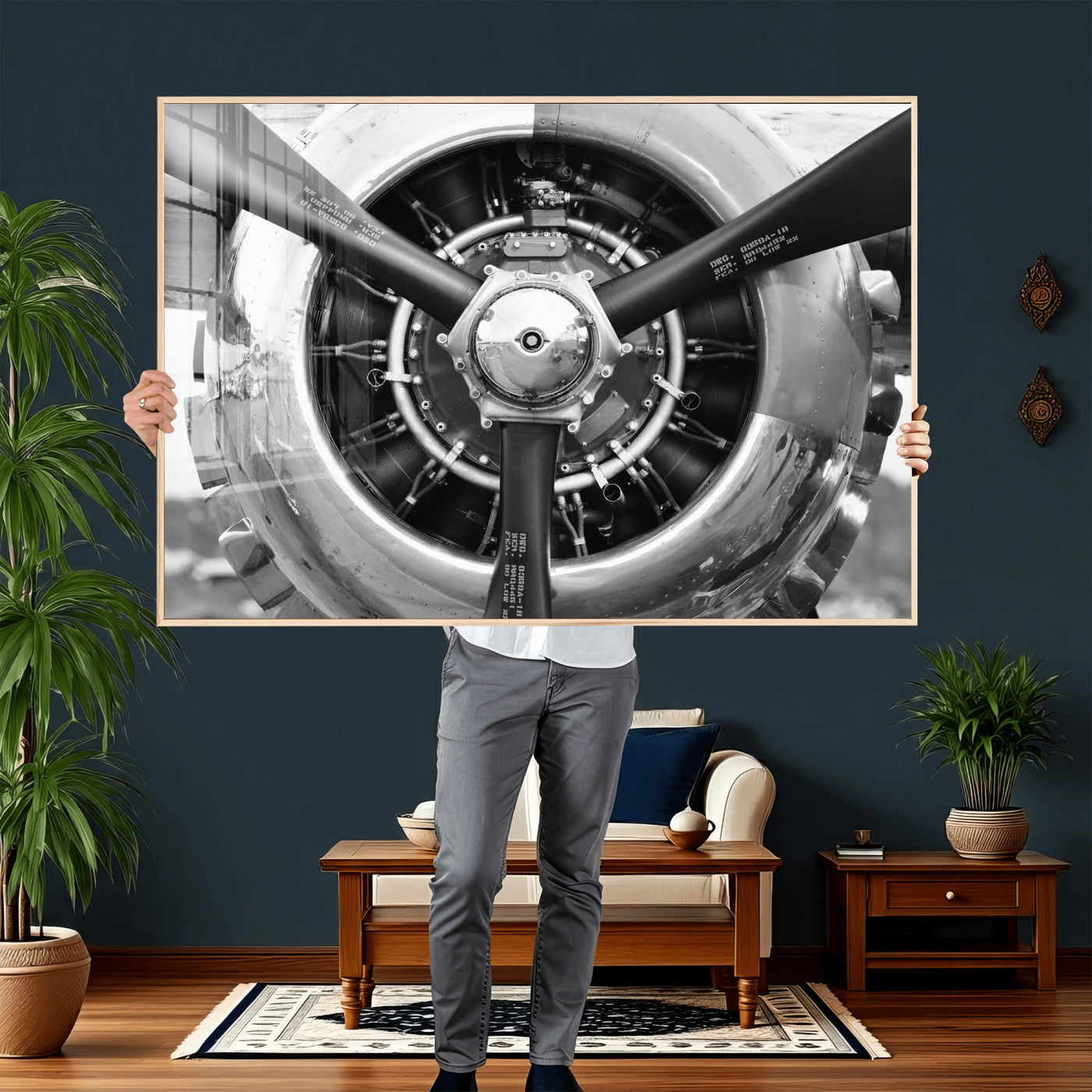 73322230-MGV-CV-36X24 - Vintage Propeller Plane Wall Art Canvas Print, Black and White Airplane Engine Close Up Framed Aviation Artwork for Pilot Office Hangar Decor