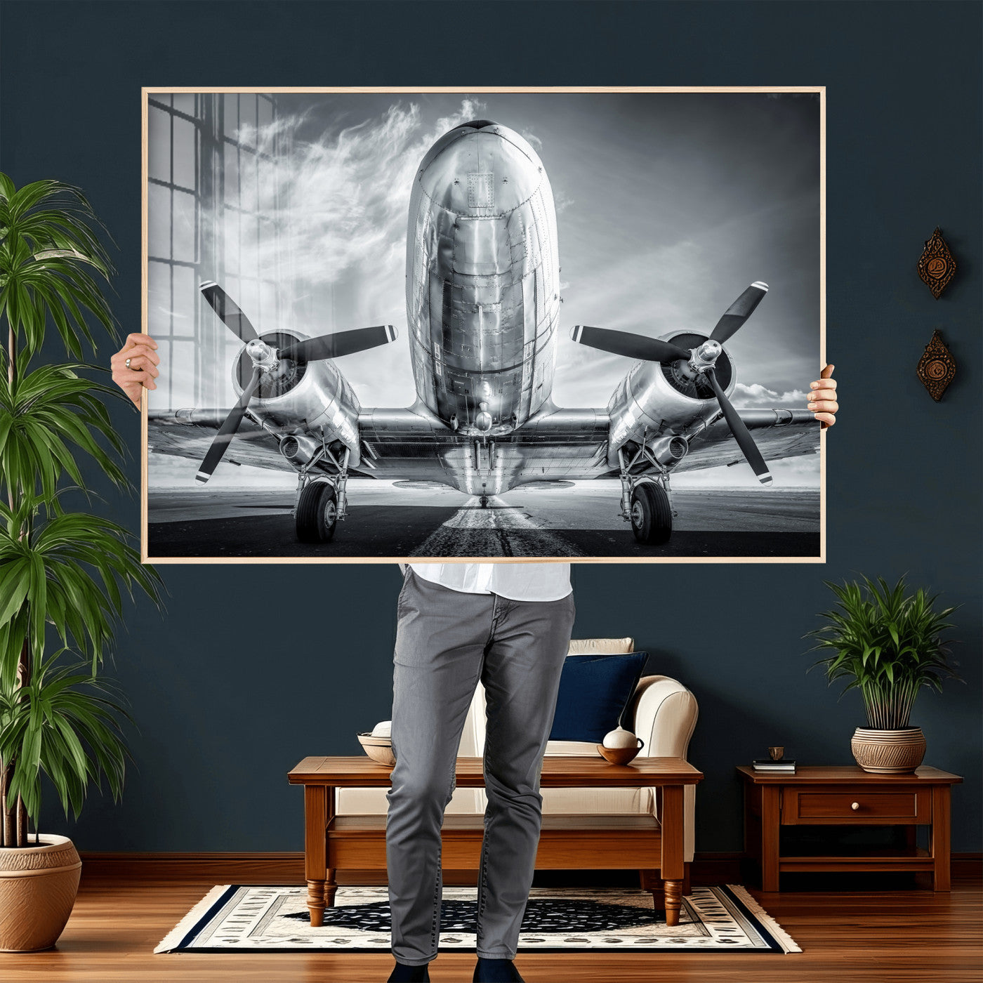 59729636-MGV-CV-36X24 - Vintage Propeller Plane Wall Art Canvas Print, Black and White Airplane Engine Close Up Framed Aviation Artwork for Pilot Office Hangar Decor