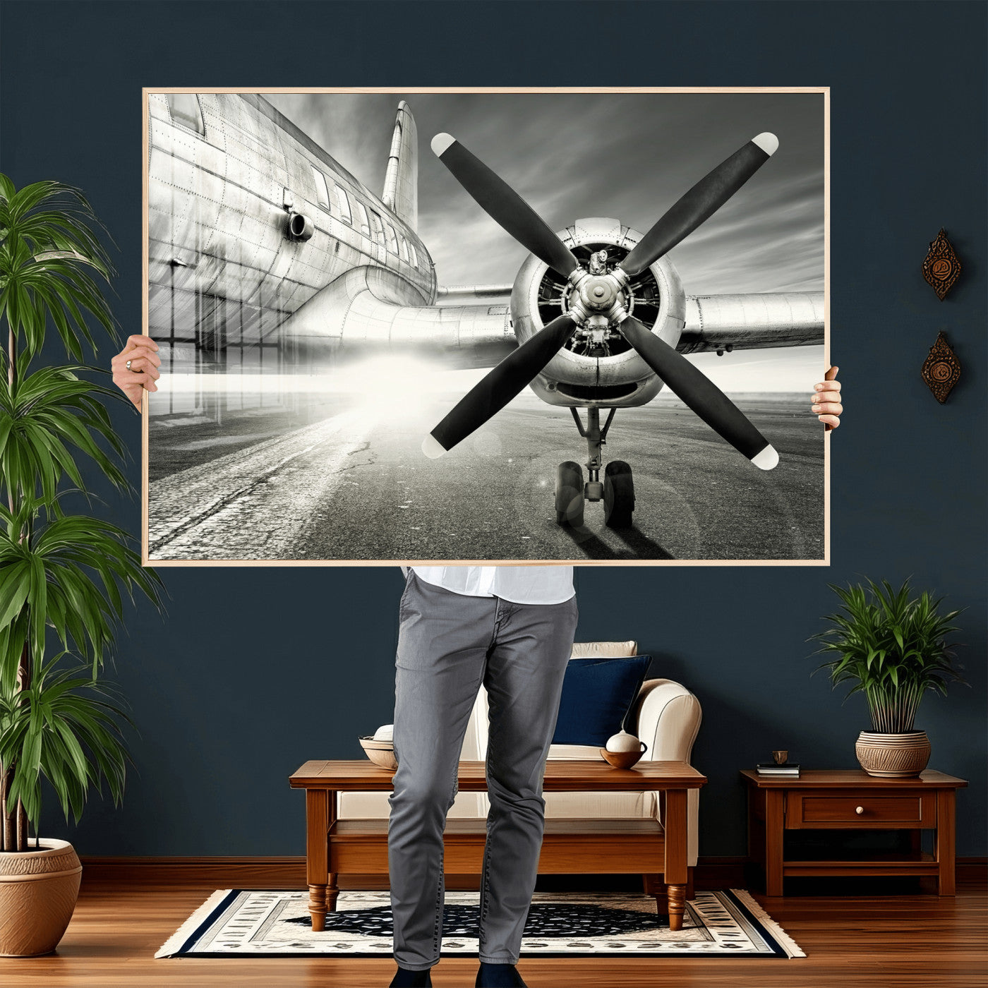 16420255-MGV-CV-36X24 - Vintage Airplane Wall Art Canvas Print, Black and White Propeller Aircraft Framed Aviation Artwork for Pilot Office Hangar Living Room Decor