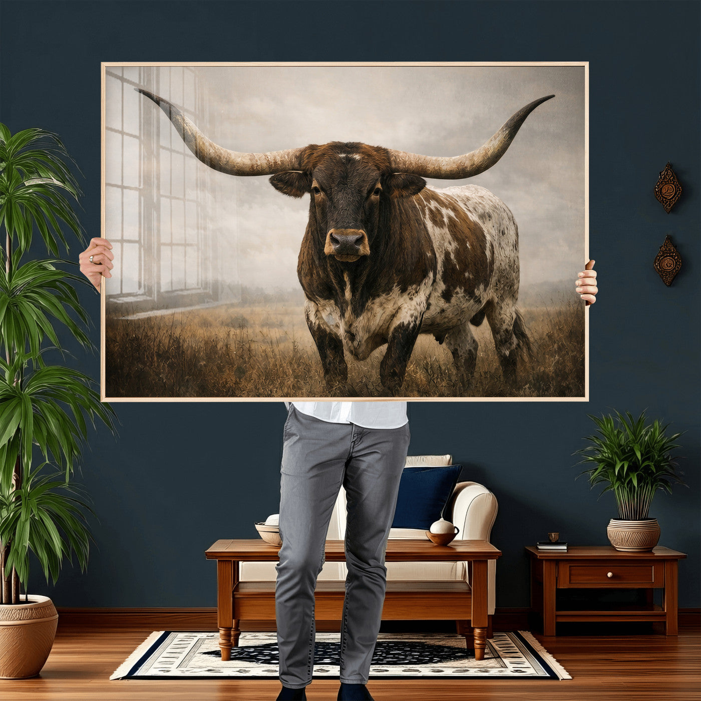 17622011L-MGV-CV-36X24 - Longhorn Bull Wall Art Canvas Print, Western Farmhouse Cowboy Decor, Rustic Texas Ranch Cattle Artwork for Living Room Bedroom Office, Framed Wall Decor