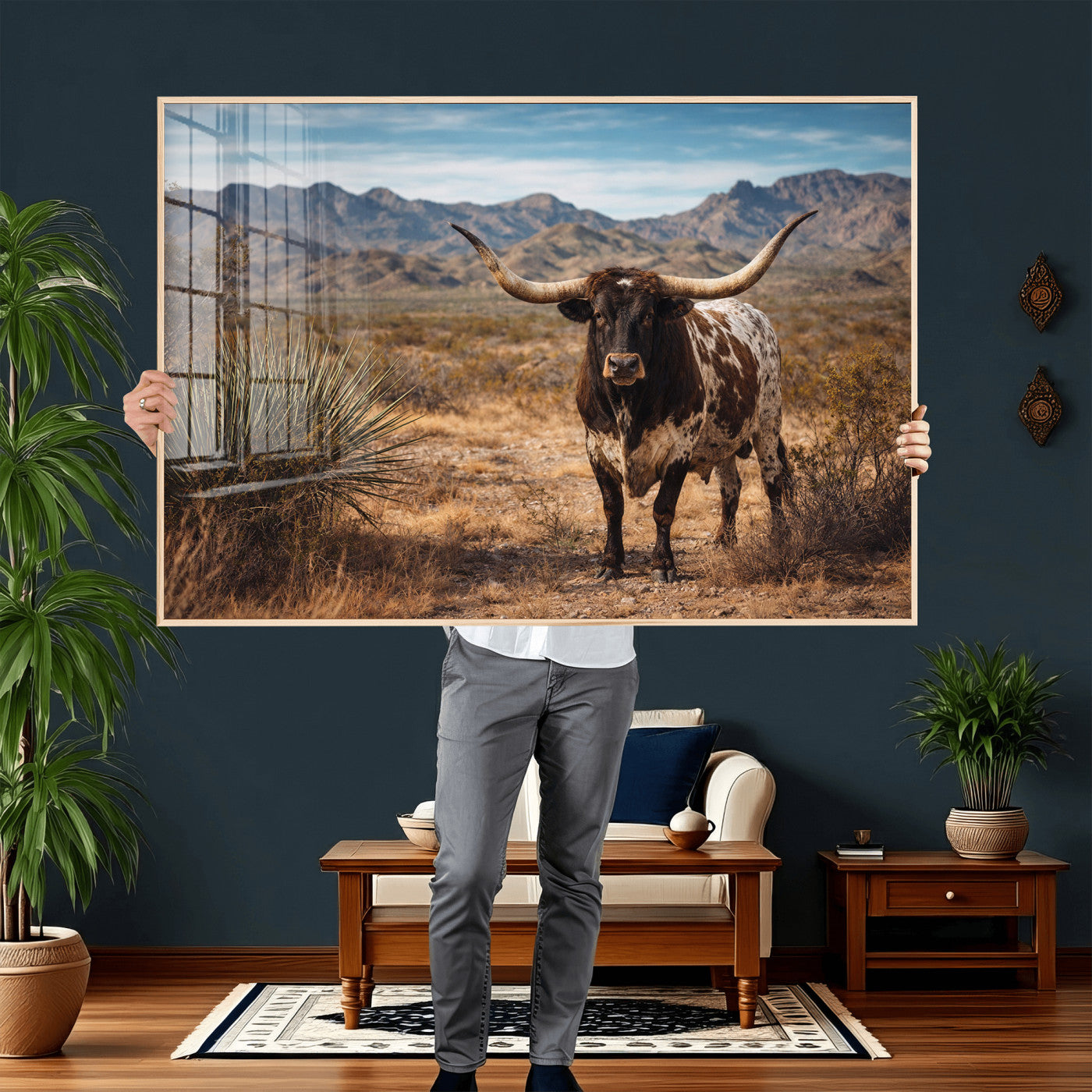 17622011S-MGV-CV-36X24 - Texas Longhorn Bull Wall Art Canvas Print, Western Farmhouse Cowboy Decor, Rustic Texas Ranch Cattle Artwork for Living Room Bedroom Office, Framed Wall Decor