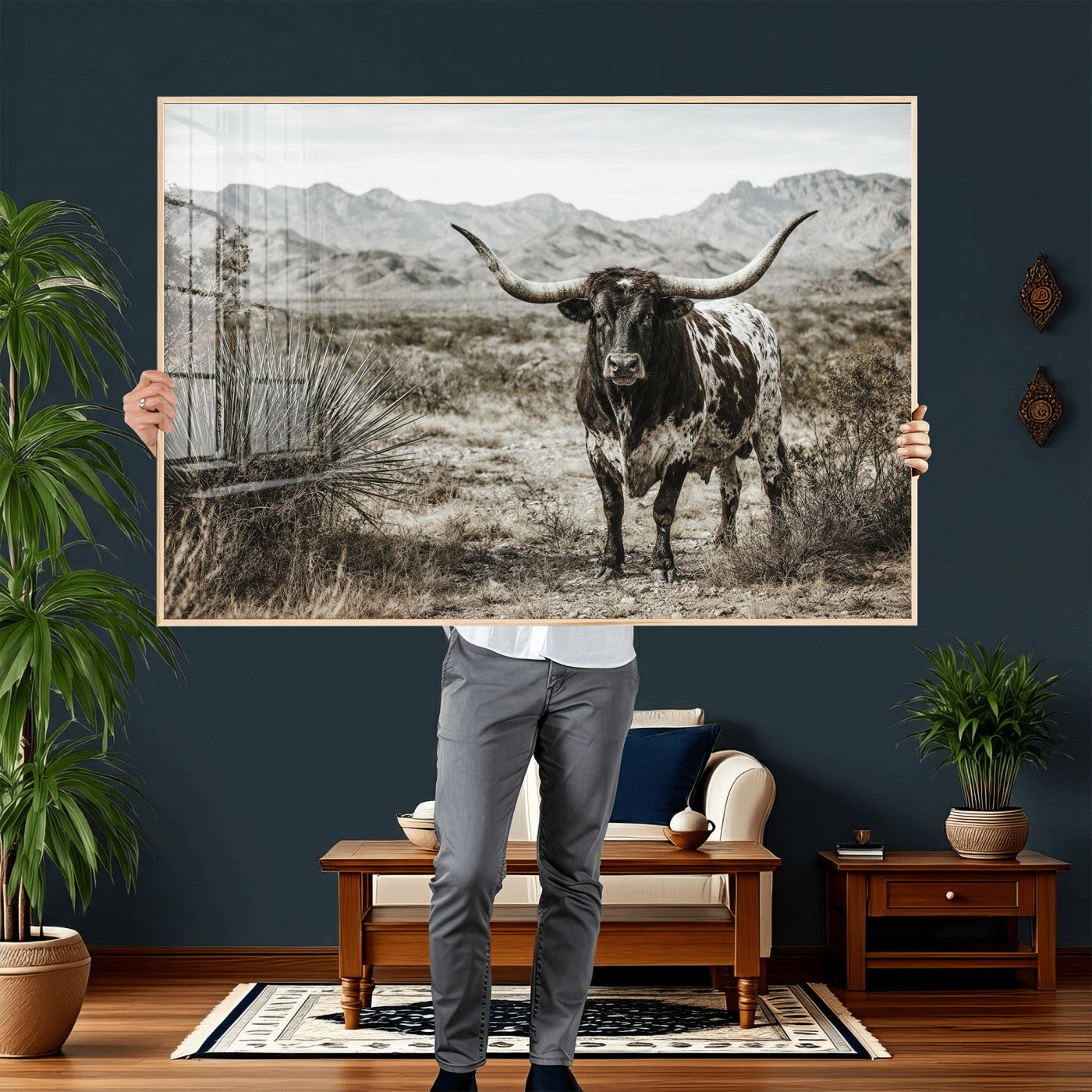 17622011H-MGV-CV-36X24 - Texas Longhorn Bull Wall Art Canvas Print, Western Farmhouse Cowboy Decor, Rustic Texas Ranch Cattle Artwork for Living Room Bedroom Office, Framed Wall Decor