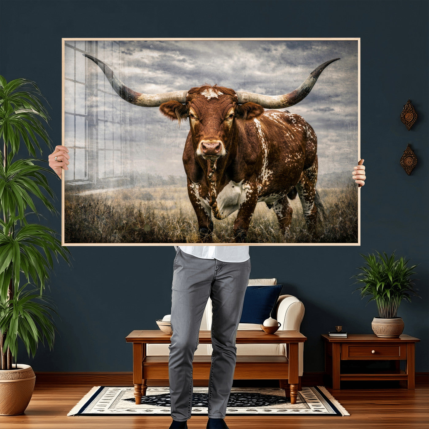 14372769-MGV-CV-36X24 - Texas Longhorn Canvas Wall Art Western Bull Desert Moody Grey Overcast Rustic Farmhouse Framed Large for Living Room Bedroom Office Decor