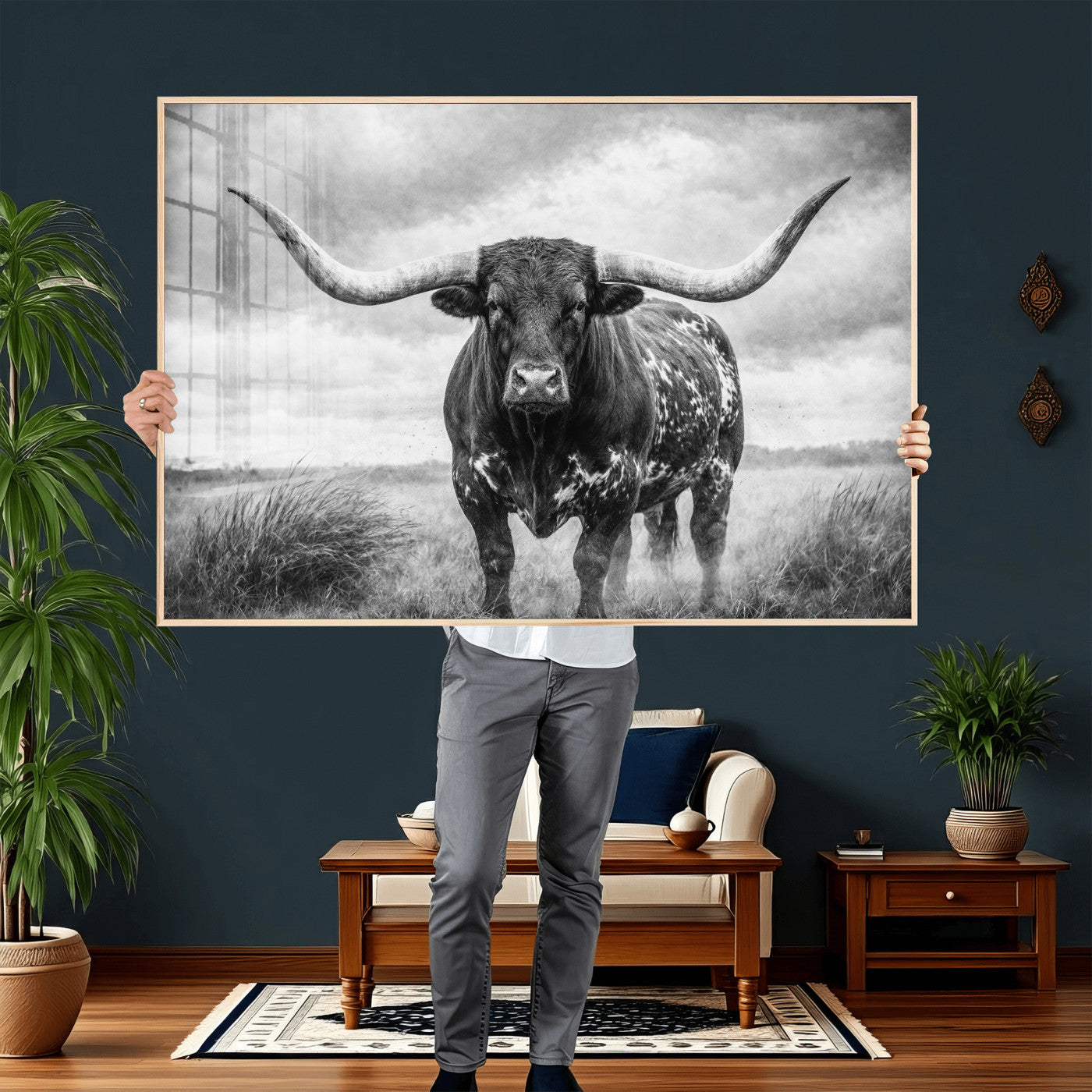 19951238-MGV-CV-36X24 - Texas Longhorn Canvas Wall Art Western Bull Desert Moody Grey Overcast Rustic Farmhouse Framed Large for Living Room Bedroom Office Decor