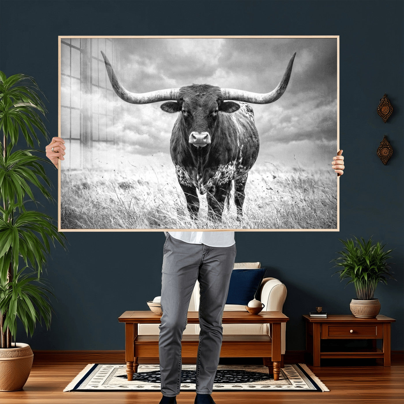 63336115-MGV-CV-36X24 - Texas Longhorn Canvas Wall Art Western Bull Desert Moody Grey Overcast Rustic Farmhouse Framed Large for Living Room Bedroom Office Decor