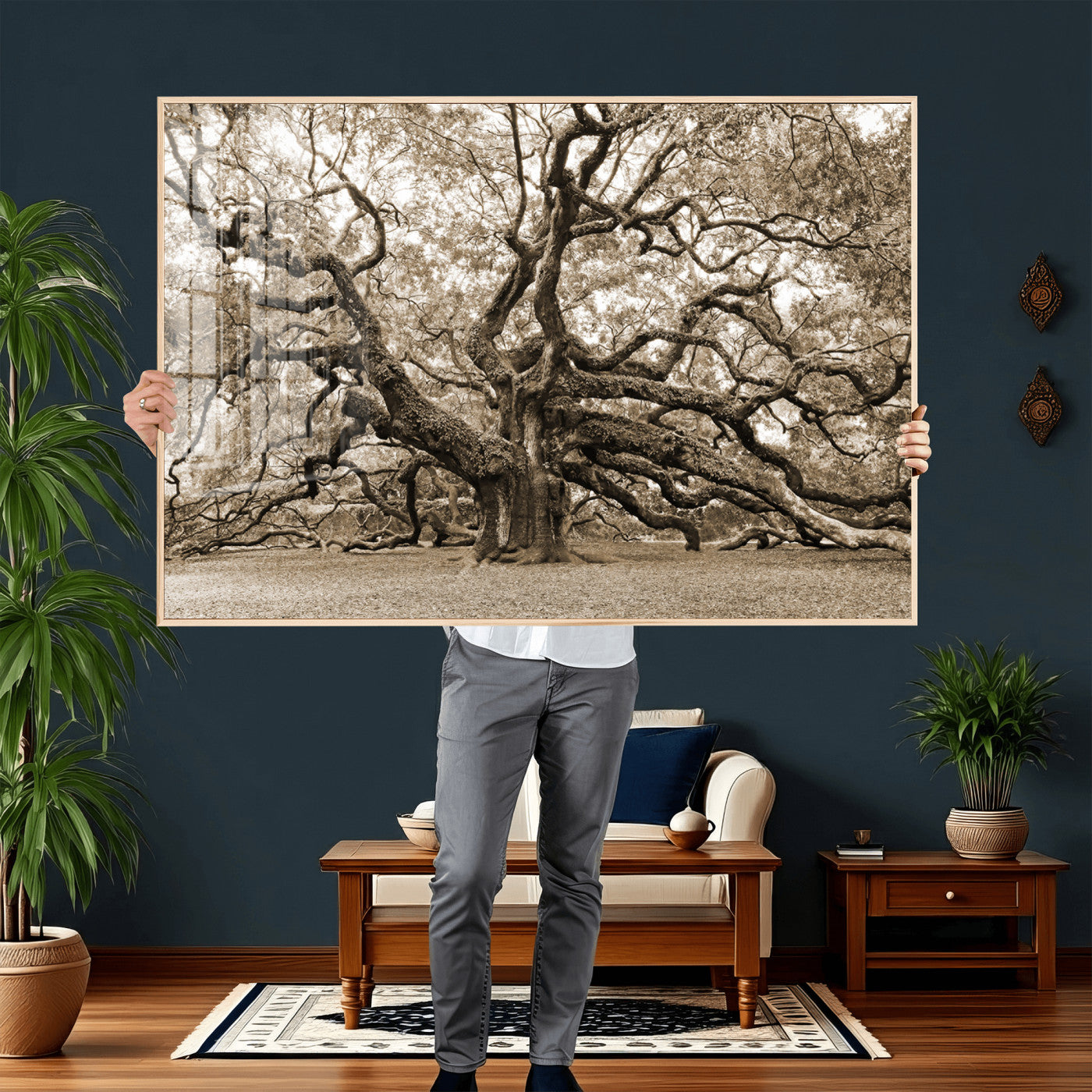 51126-MGV-CV-36X24 - Sepia Framed Angel Oak Tree Wall Art - 3-Panel Canvas Prints, Large Green Nature Artwork, Ready to