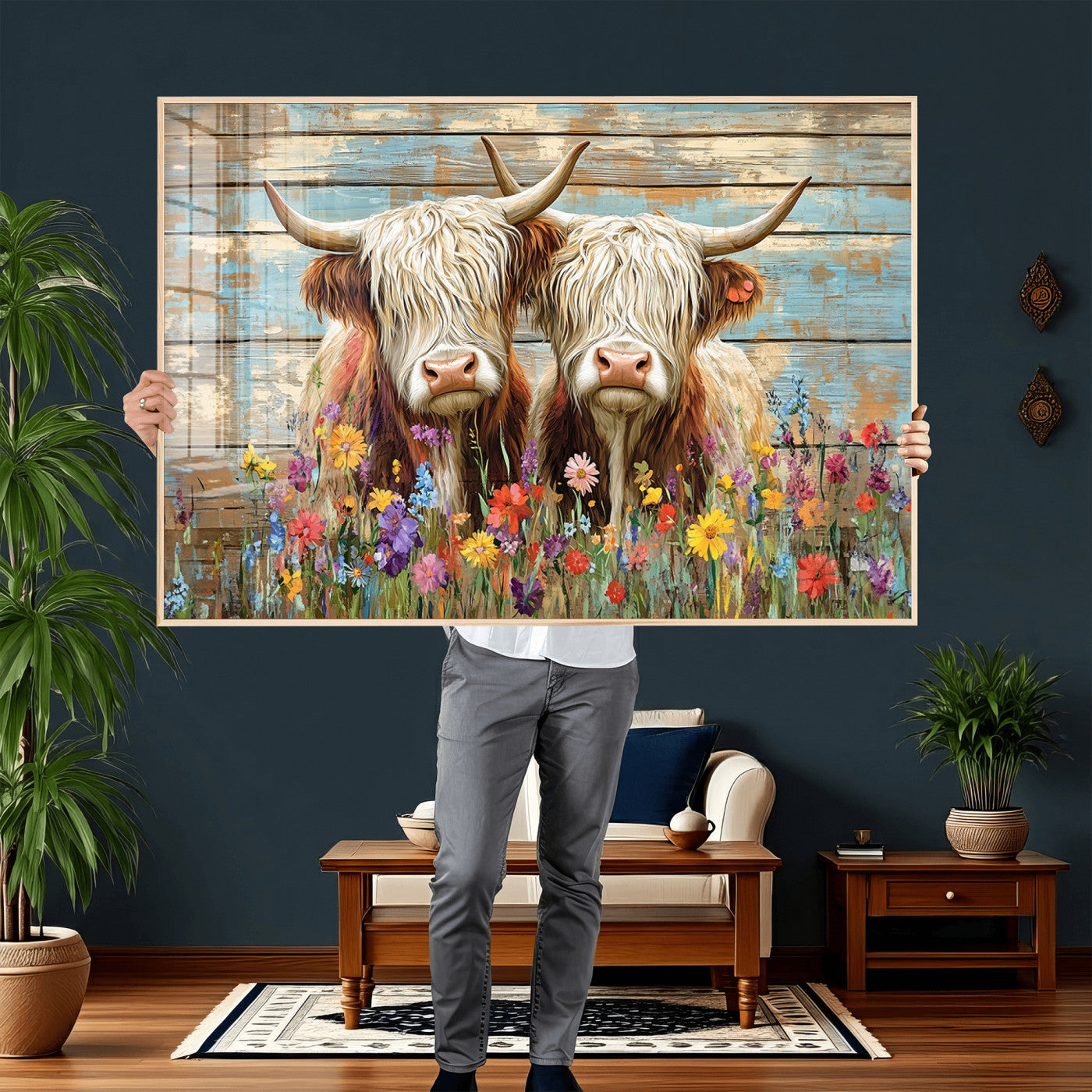 36972-MGV-CV-36X24 - Cute Highland Cow Canvas Wall Art - Rustic Farmhouse Decor with Colorful Flowers Perfect Wall Art
