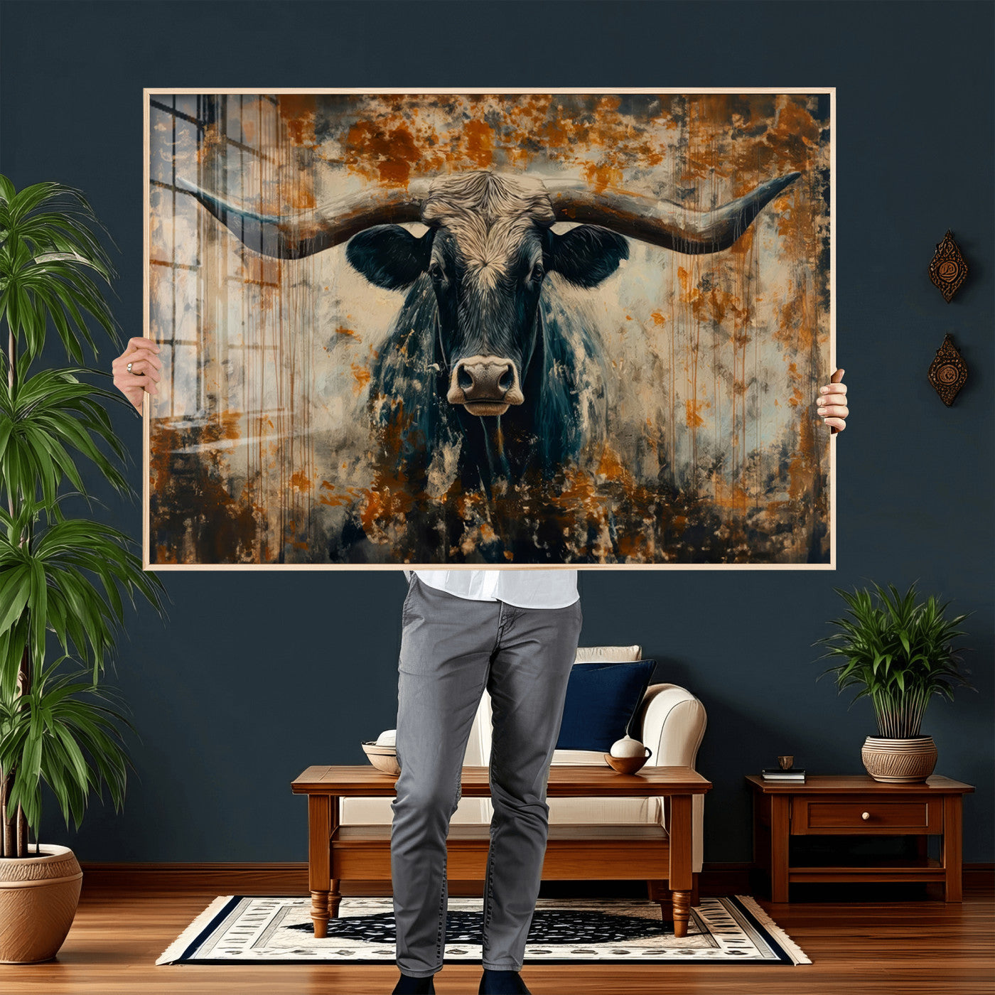 85913-MGV-CV-36X24 - Abstract Longhorn Bull Wall Art | Rustic Western Wall Decor | Framed and Ready to Hang | Ideal for