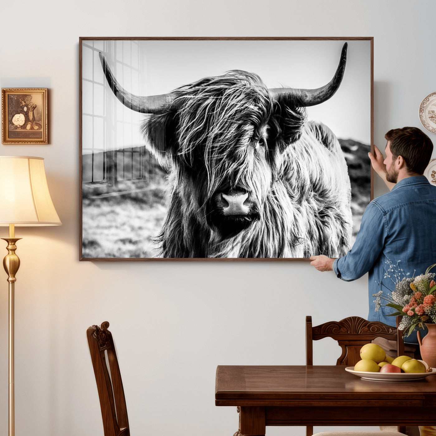 36979-MGV-CV-36X24 - Handsome Scottish Cow Black and White Wall Decor Canvas Art Print Extra Large Wall Art Highland Cattle Canvas Picture Animal Art Nature Photography High Quality Original Canvas Framed Ready to Hang