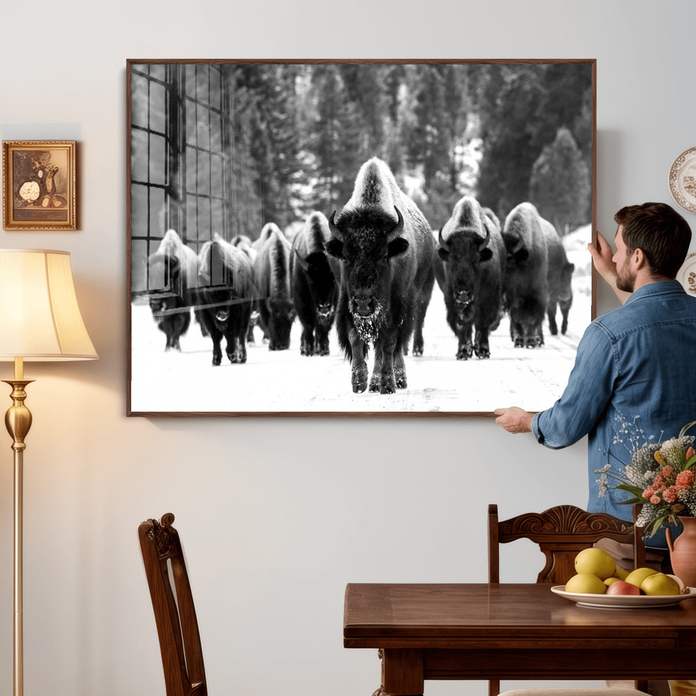 62434-MGV-CV-36X24 - Bison Herd in Snow Wall Art Canvas Print | Rustic Western Bison Wall Art for Decor for Living Room,