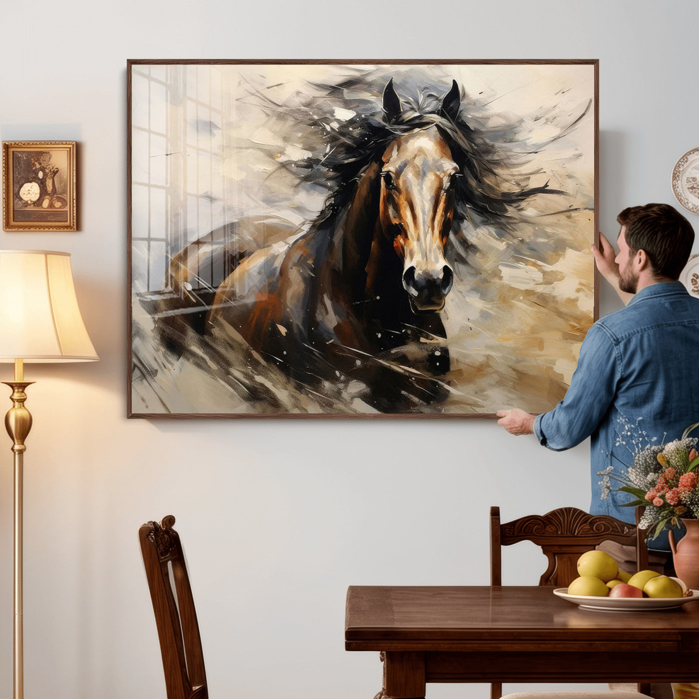 53001-MGV-CV-36X24 - Abstract Wall Art Horse Print - Large Western Horse Canvas - Farmhouse Woodland Wall Art - Framed