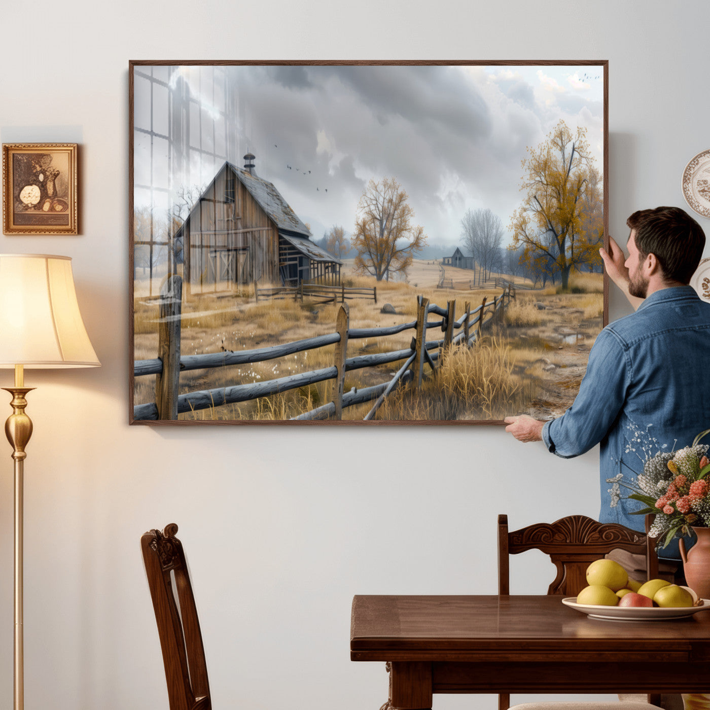 Farm1-MGV-CV-36X24 - Rustic Autumn Farmhouse Wall Art Canvas Print – Serene Countryside Scene with Weathered Barn and