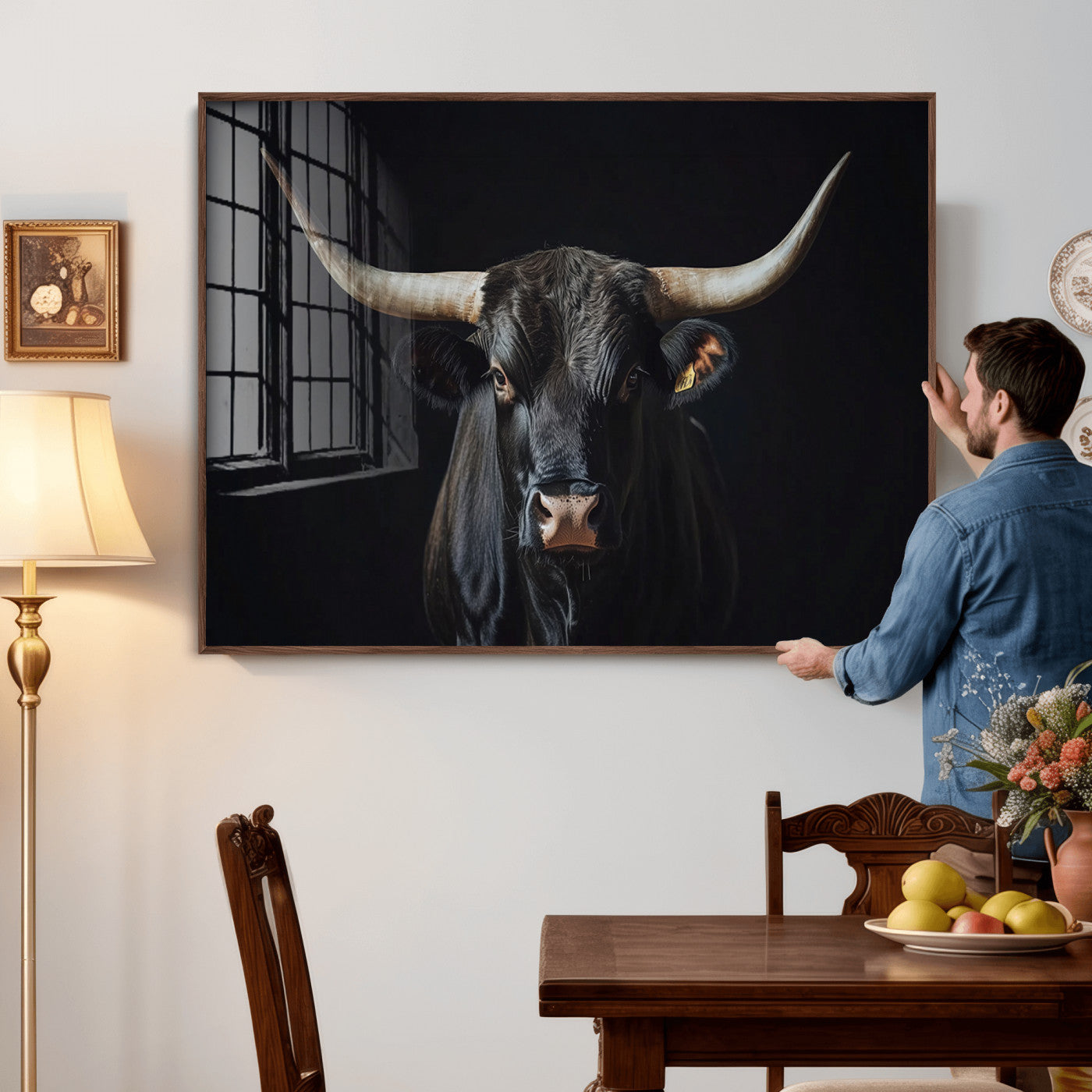 48065167-MGV-CV-36X24 - Texas Longhorn Bull Wall Art Canvas Print – Western Black Bull Art Print for Farmhouse Ranch Decor