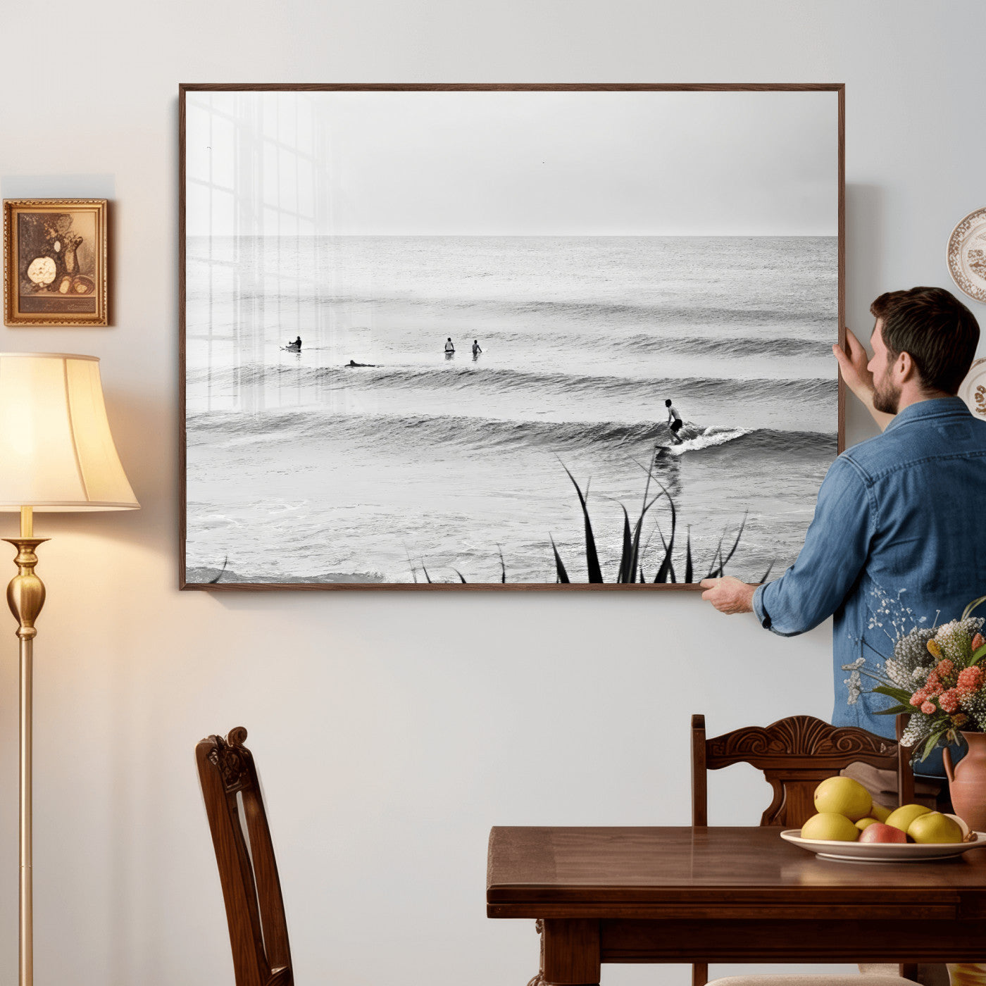 33821421-MGV-CV-36X24 - Surfer Silhouette Wall Art Canvas Print, Framed Calm Ocean Art Picture Print, Monochrome Surf Minimalist Coastal Decor Artwor