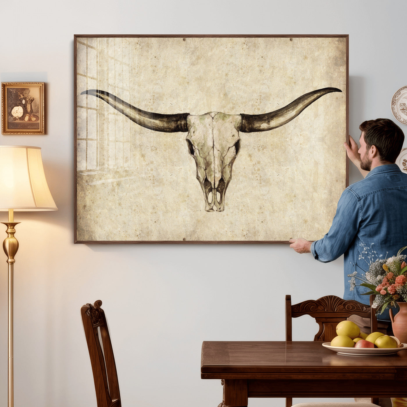 42788678-MGV-CV-36X24 - Longhorn Skull Wall Art Canvas Print – Rustic Western Artwork Print for Living Room Wall Decor