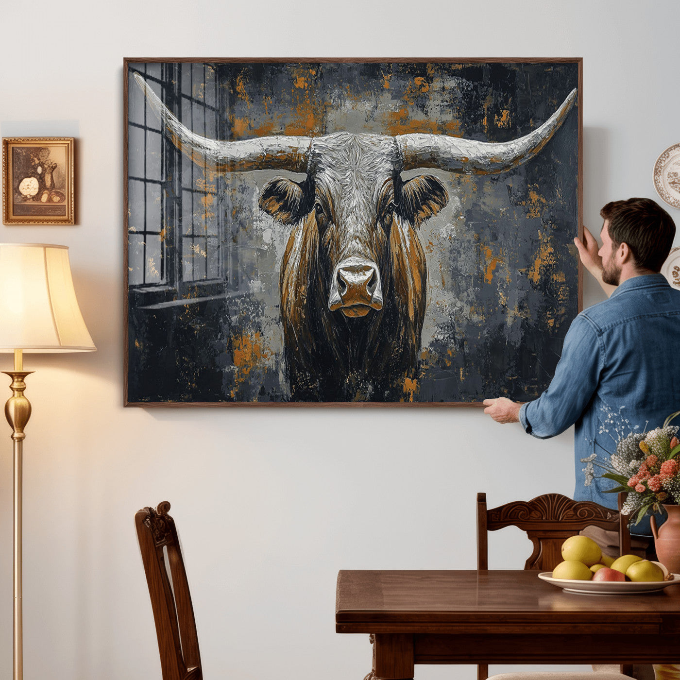 73972561-MGV-CV-36X24 - Bold Bull Wall Art Canvas – Striking Portrait with Wide Horns and Rich Brown Hues, Rustic Farmhouse and Western Decor for Home Room