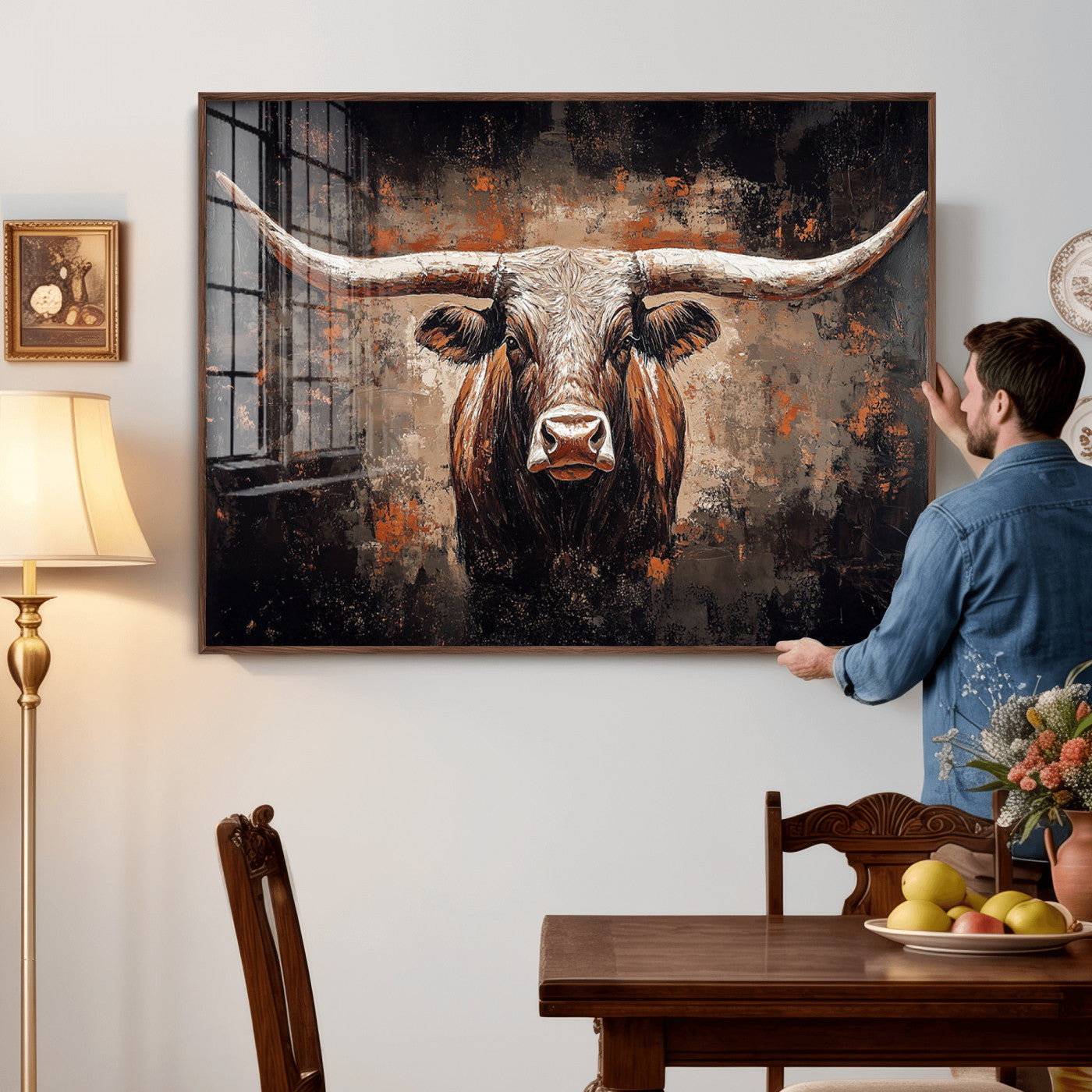 24779067-MGV-CV-36X24 - Rustic Longhorn Bull Wall Art Canvas Print – Vintage Western Cattle Painting, Texas Steer Artwork