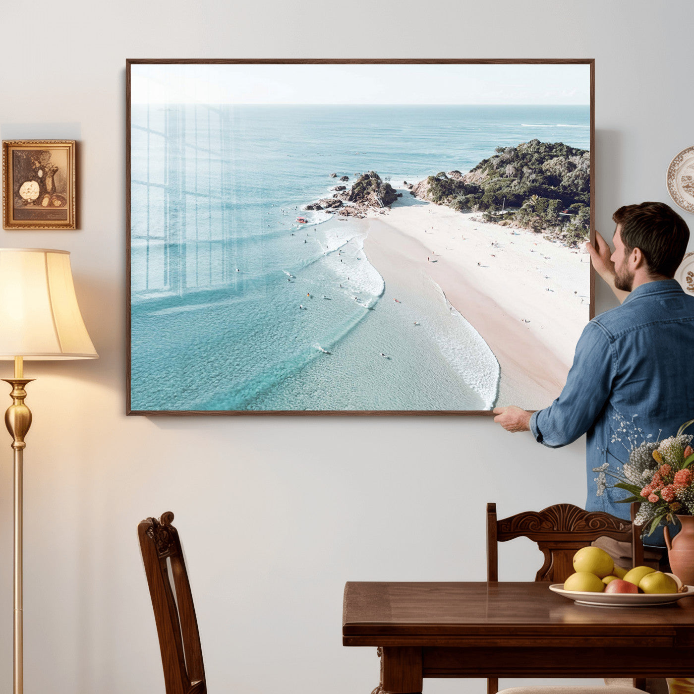 79395467-MGV-CV-36X24 - Aerial Beach Wall Art Canvas Print, Coastal Ocean Waves and Surfers Scenic Seaside Artwork for Home, Office Decor