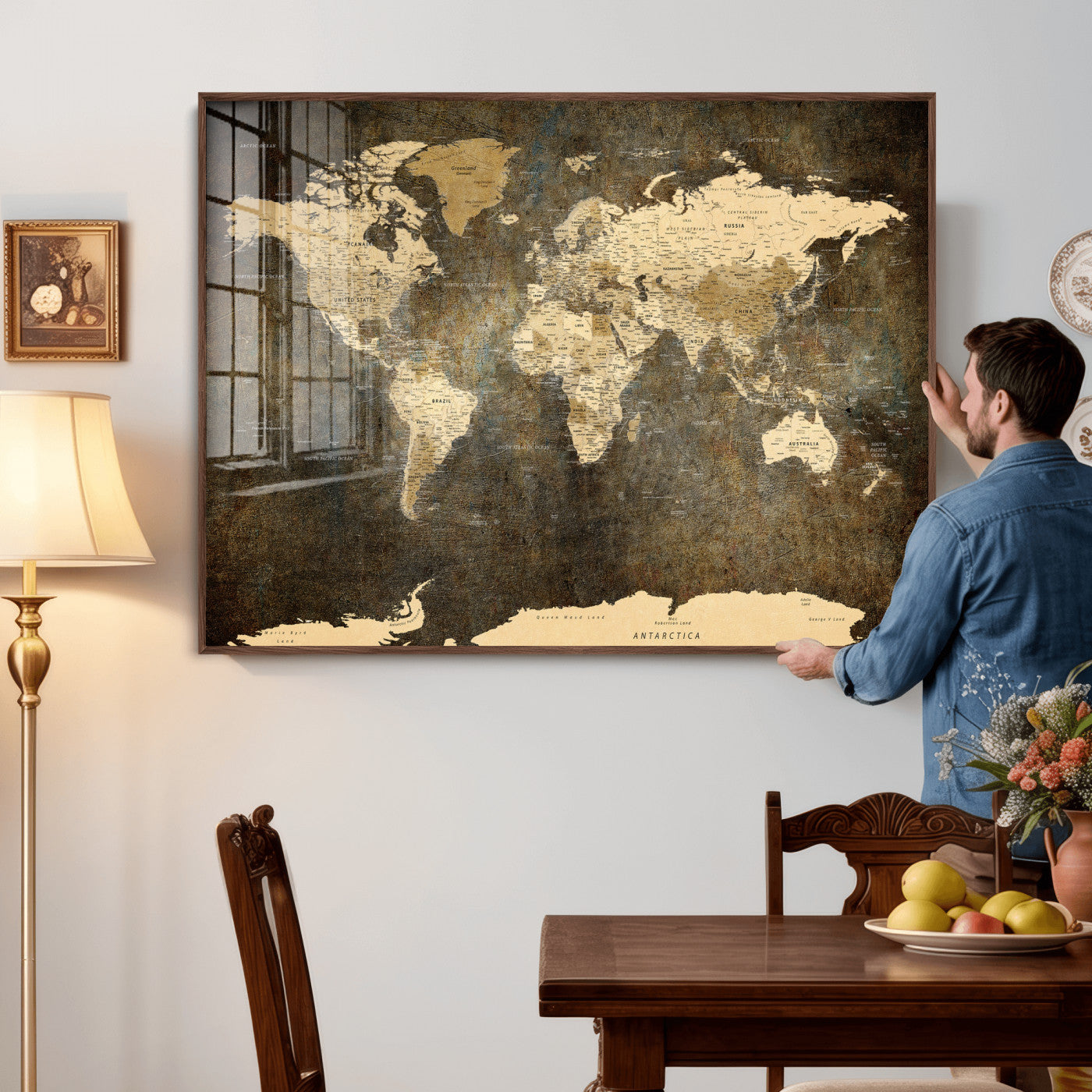 89742472-MGV-CV-36X24 - World Map Wall Art Canvas Print, Modern Decorative Framed Map Artwork Prints for Living Room, Office, Bedroom Wall Decor