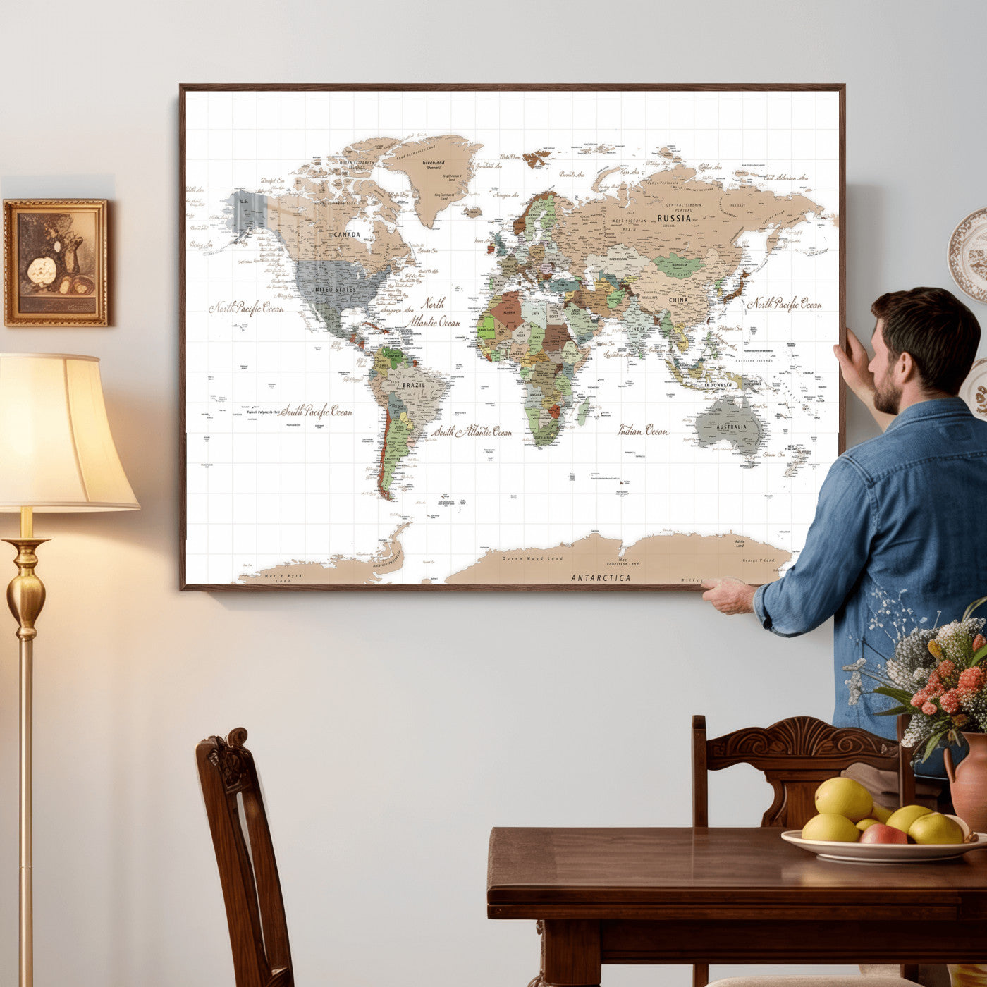 91286788-MGV-CV-36X24 - World Map Wall Art Canvas Print, Modern Decorative Framed Map Artwork Prints for Living Room, Office, Bedroom Wall Decor