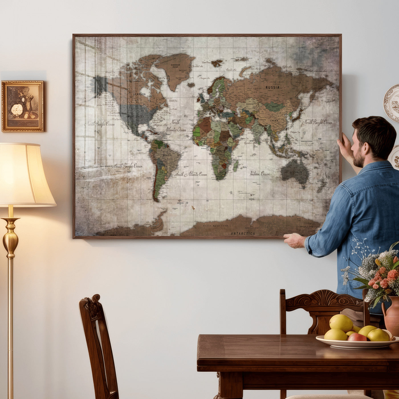 65393892-MGV-CV-36X24 - World Map Wall Art Canvas Print, Modern Decorative Framed Map Artwork Prints for Living Room, Office, Bedroom Wall Decor