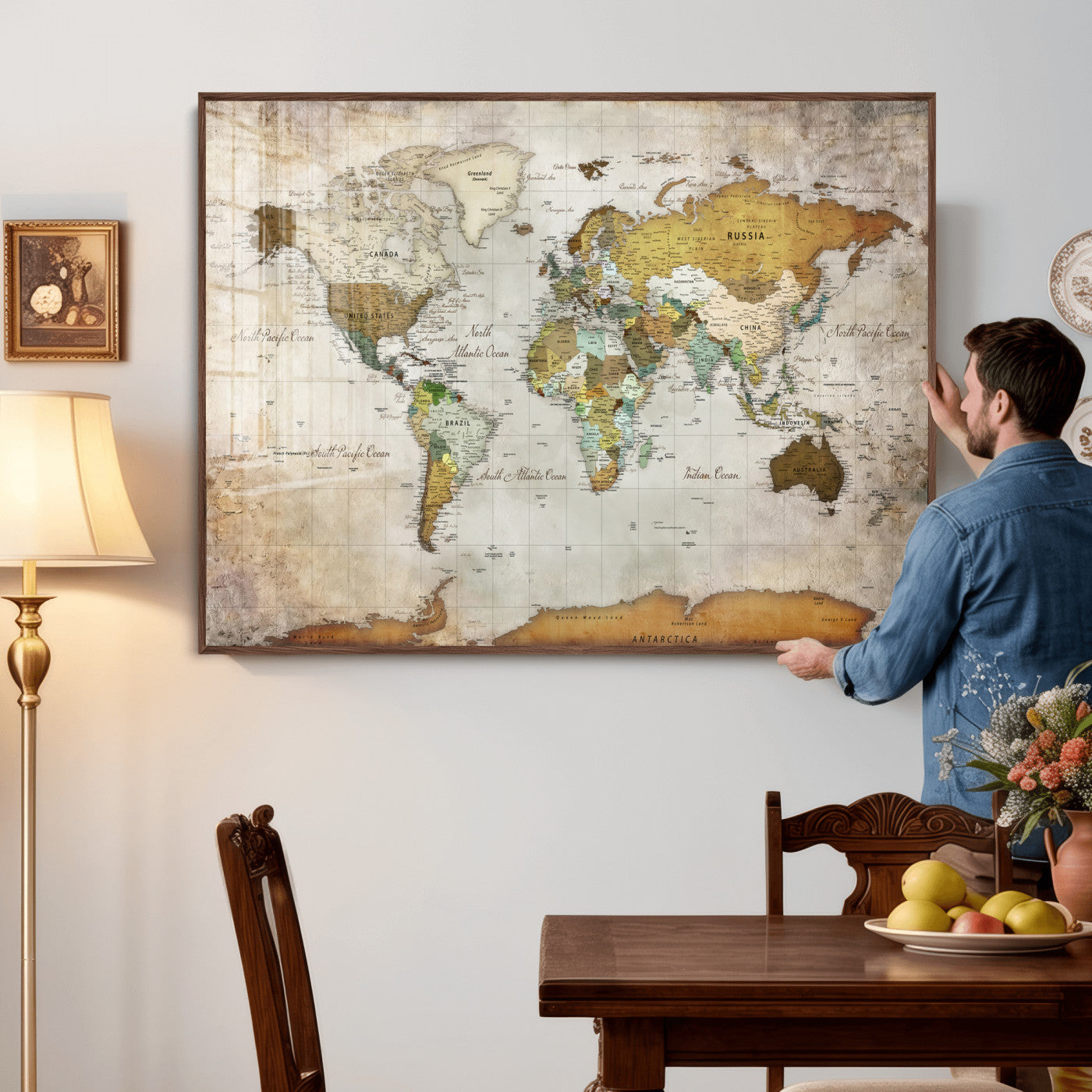 86108417-MGV-CV-36X24 - World Map Wall Art Canvas Print, Modern Decorative Framed Map Artwork Prints for Living Room, Office, Bedroom Wall Decor